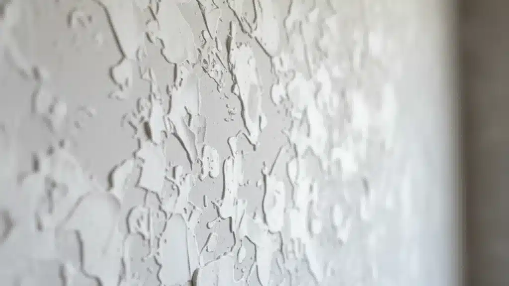 White stomp knockdown texture shows flat white plaster peaks over a grainy base with soft side shadows across the surface