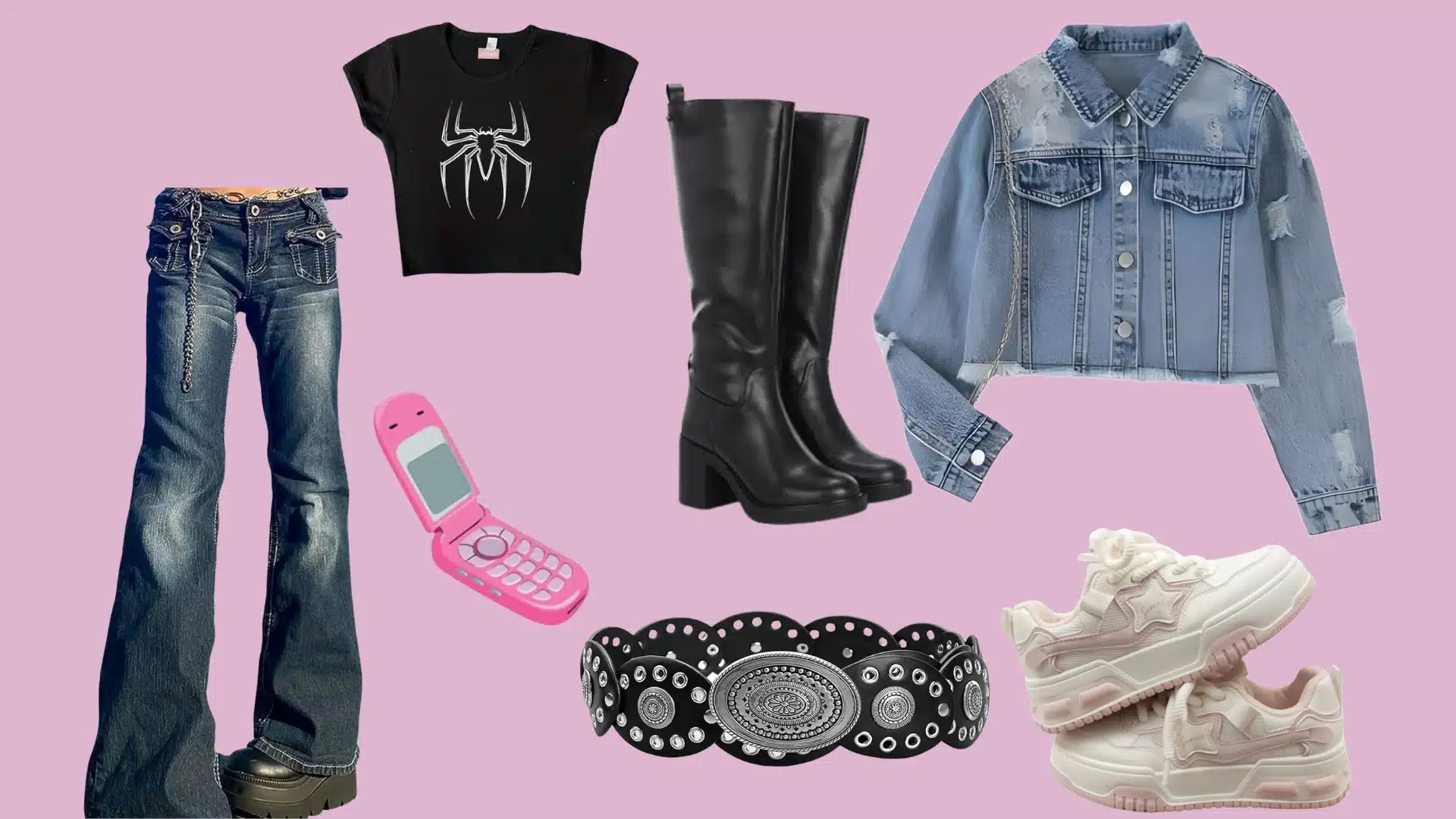 Y2K outfit collage showing low-rise flared jeans, cropped tee, knee-high boots, denim jacket, chunky sneakers, studded belt, pink flip phone