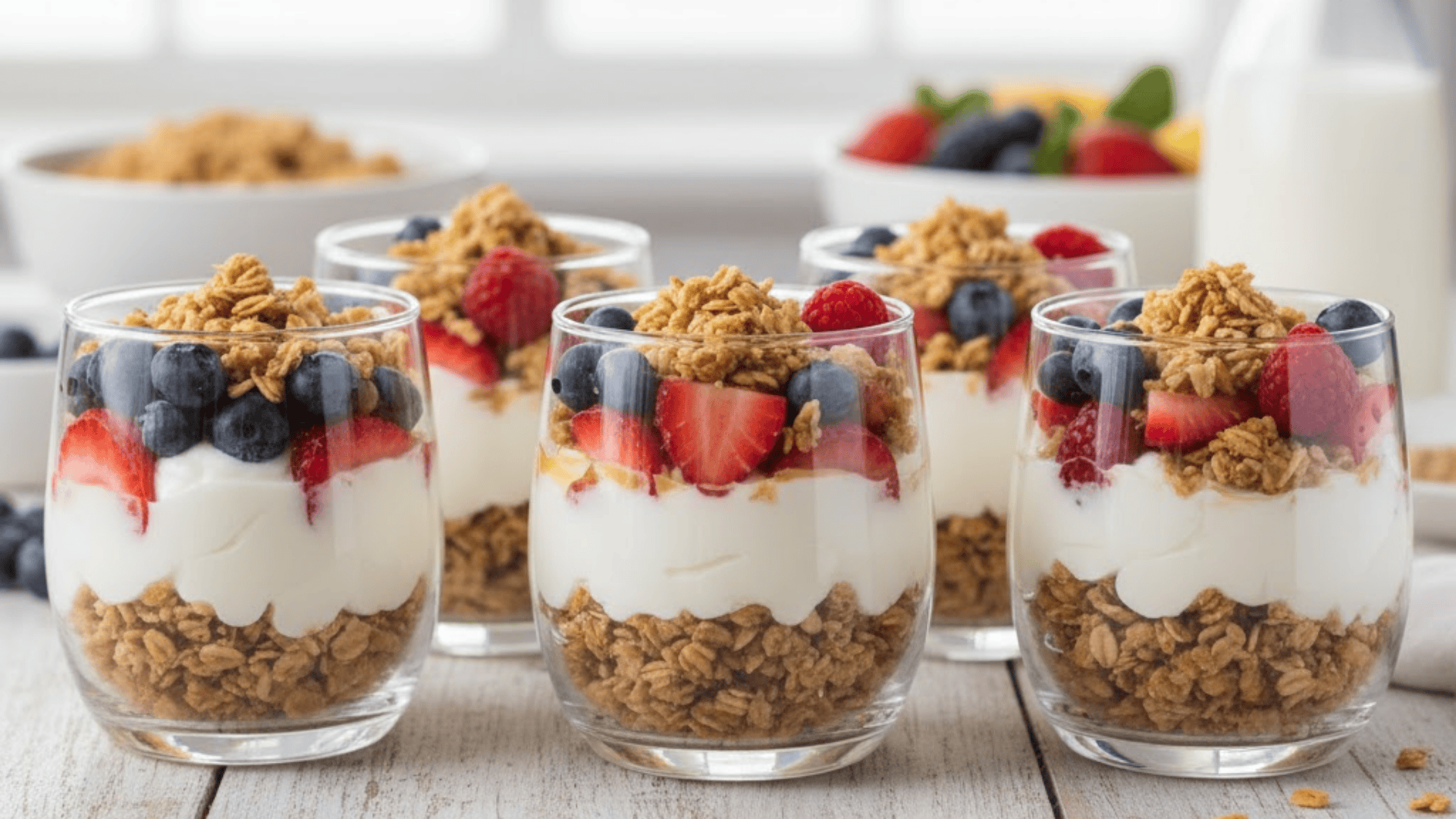 Yogurt parfaits layered with berries, granola, and cream in glass cups