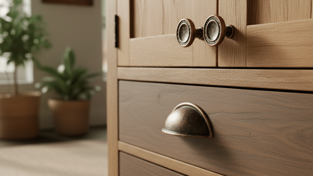 antique copper knobs with copper cup pulls