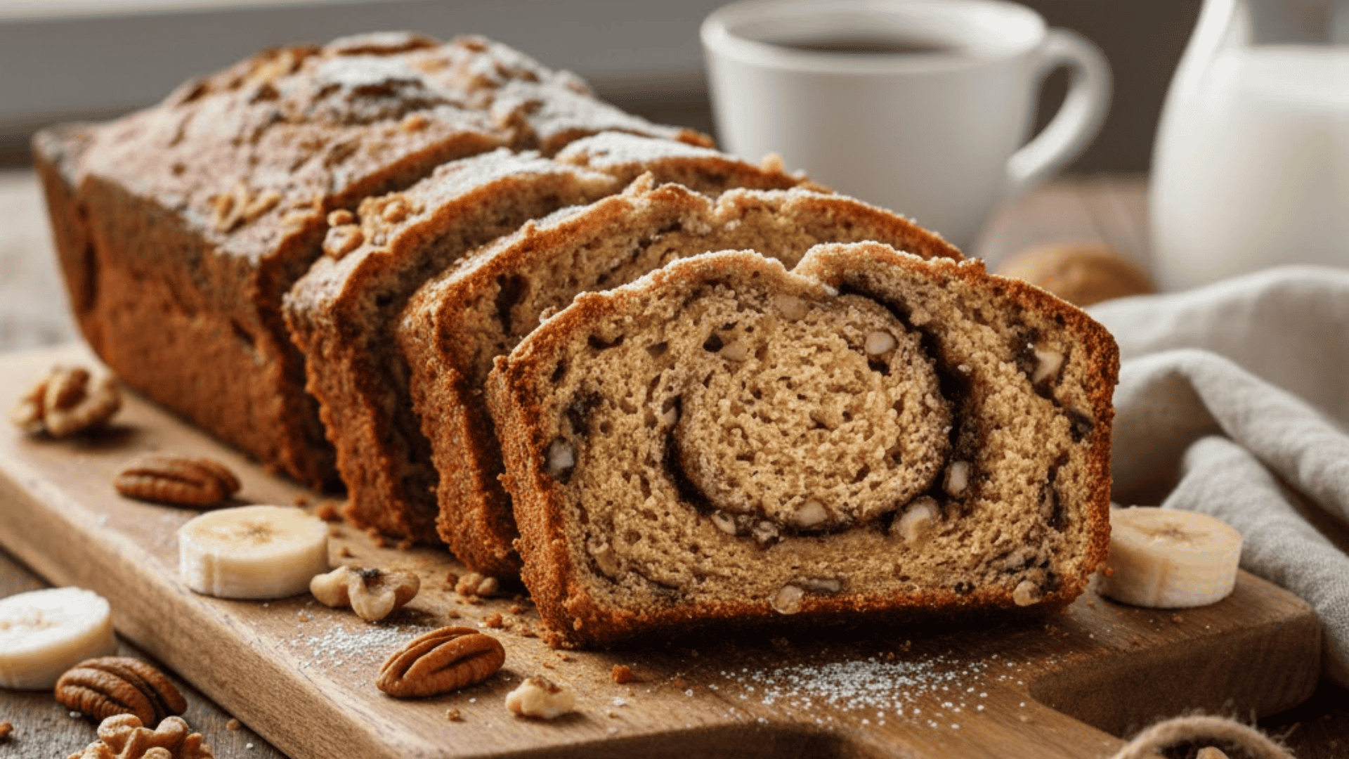banana swirl bread loaf sliced on board with visible filling layers