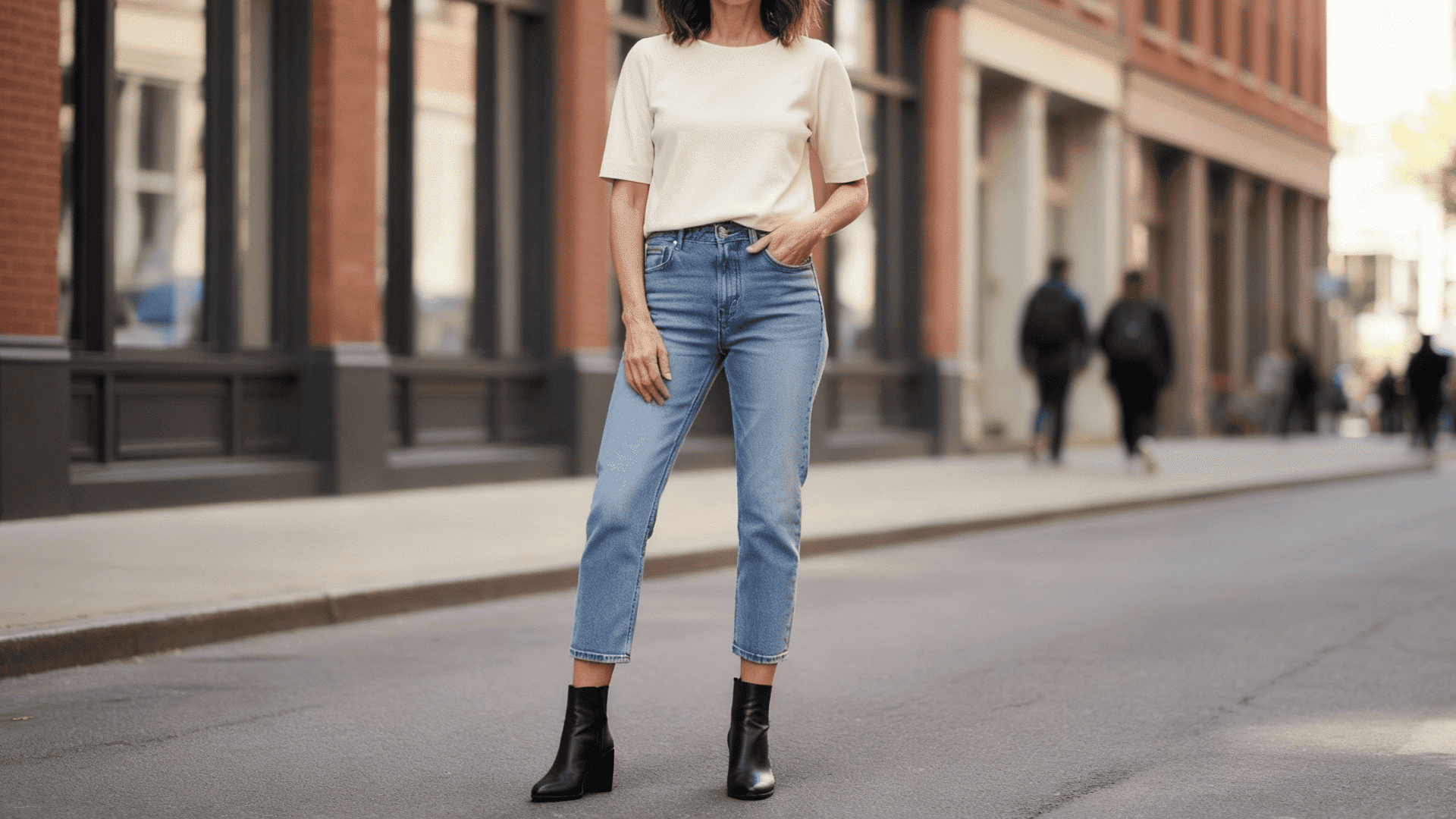 cropped jeans with block heel boots