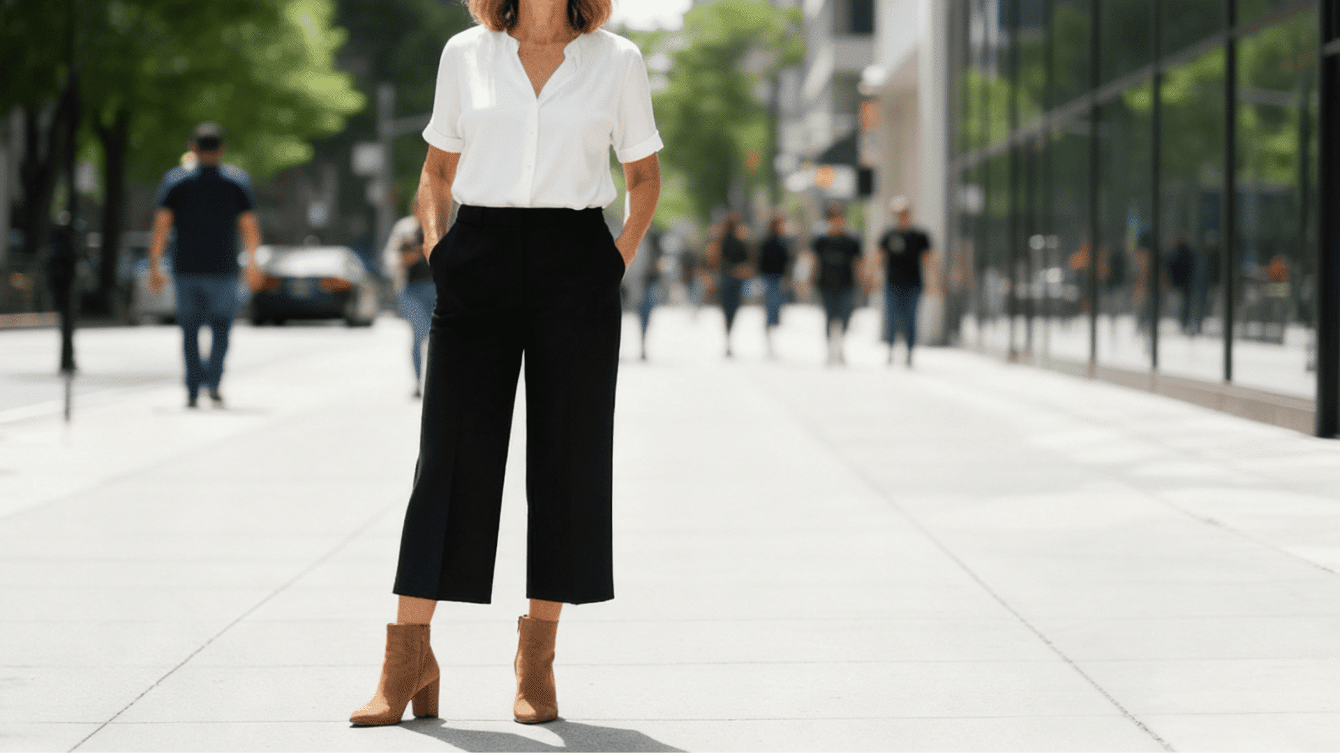 cropped trousers with block heel boots