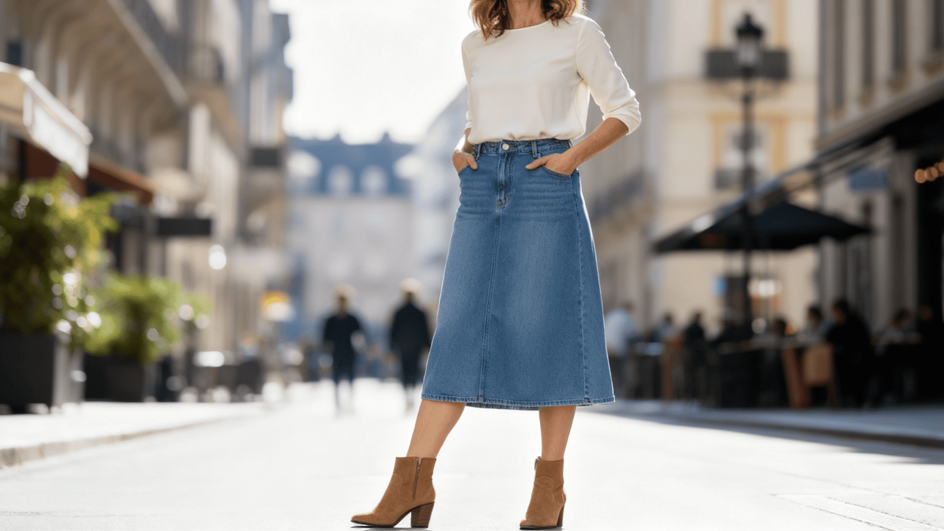 denim skirt with suede ankle boots