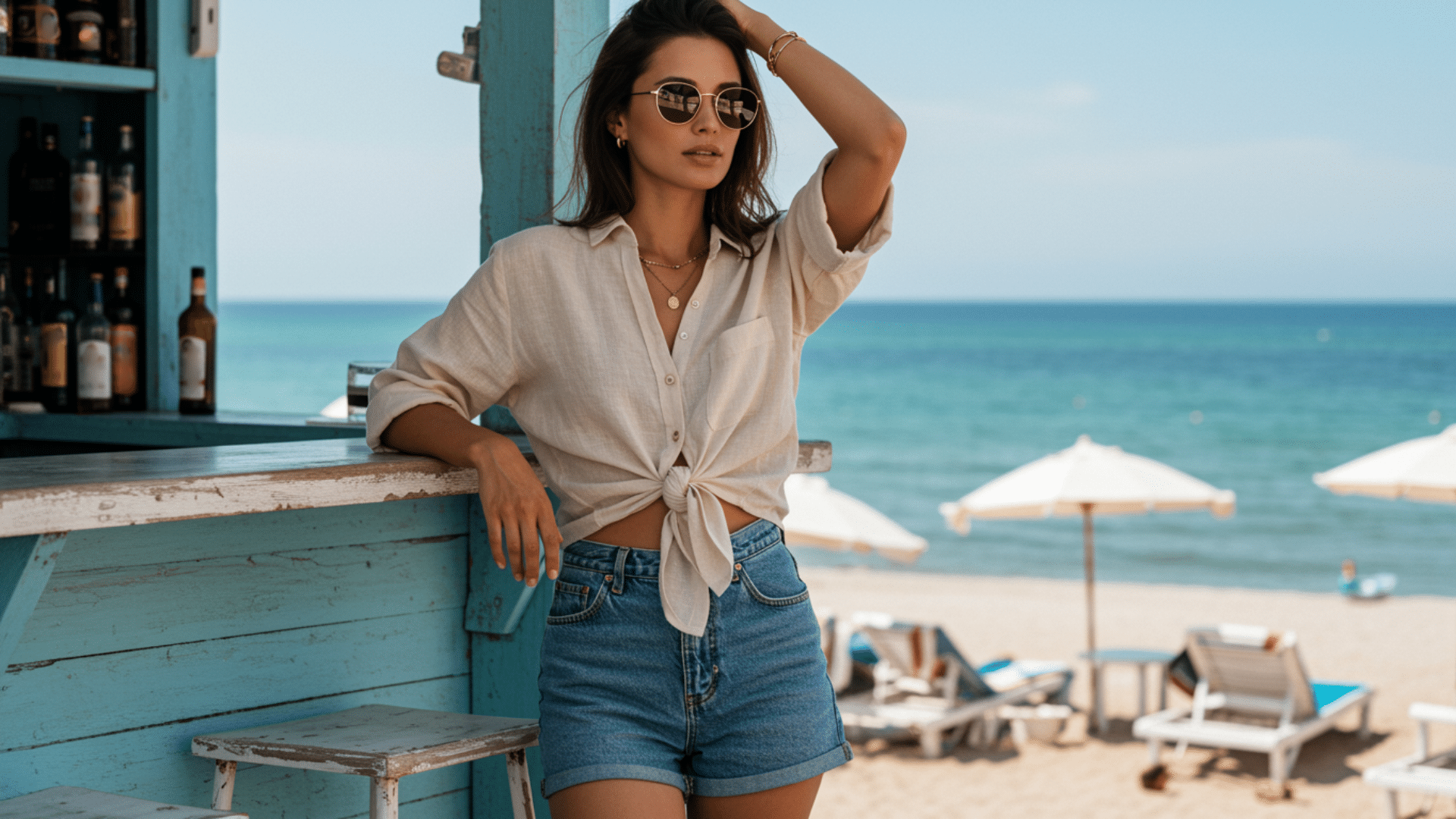 linen button up with denim shorts
