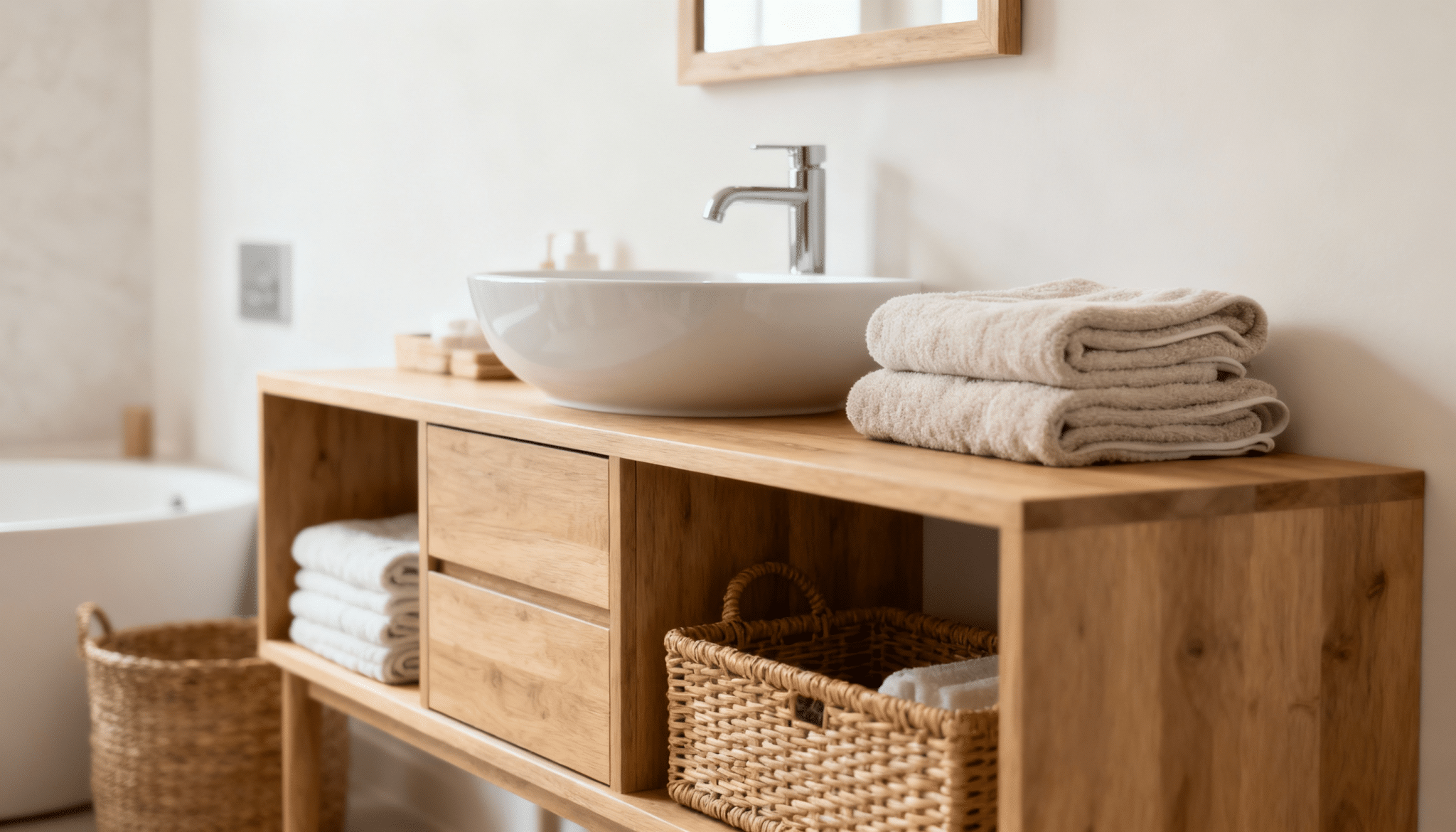 simple vanity with wood shelves