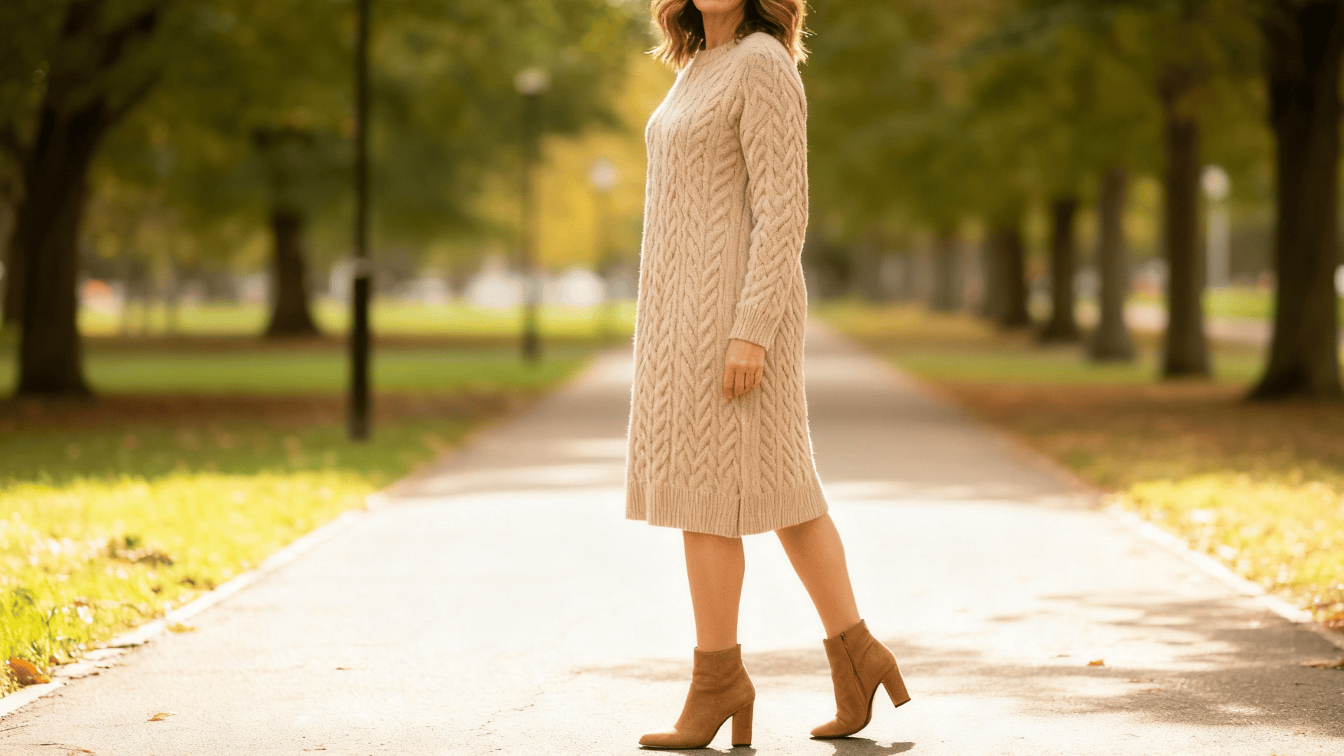 sweater dress with heeled booties