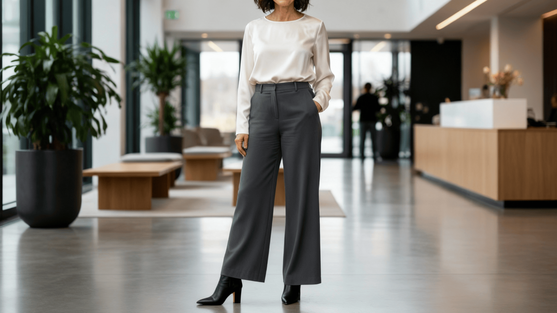 wide leg trousers with heeled ankle boots