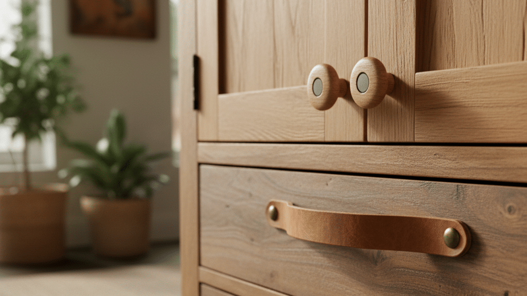 wood knobs with leather loop pulls