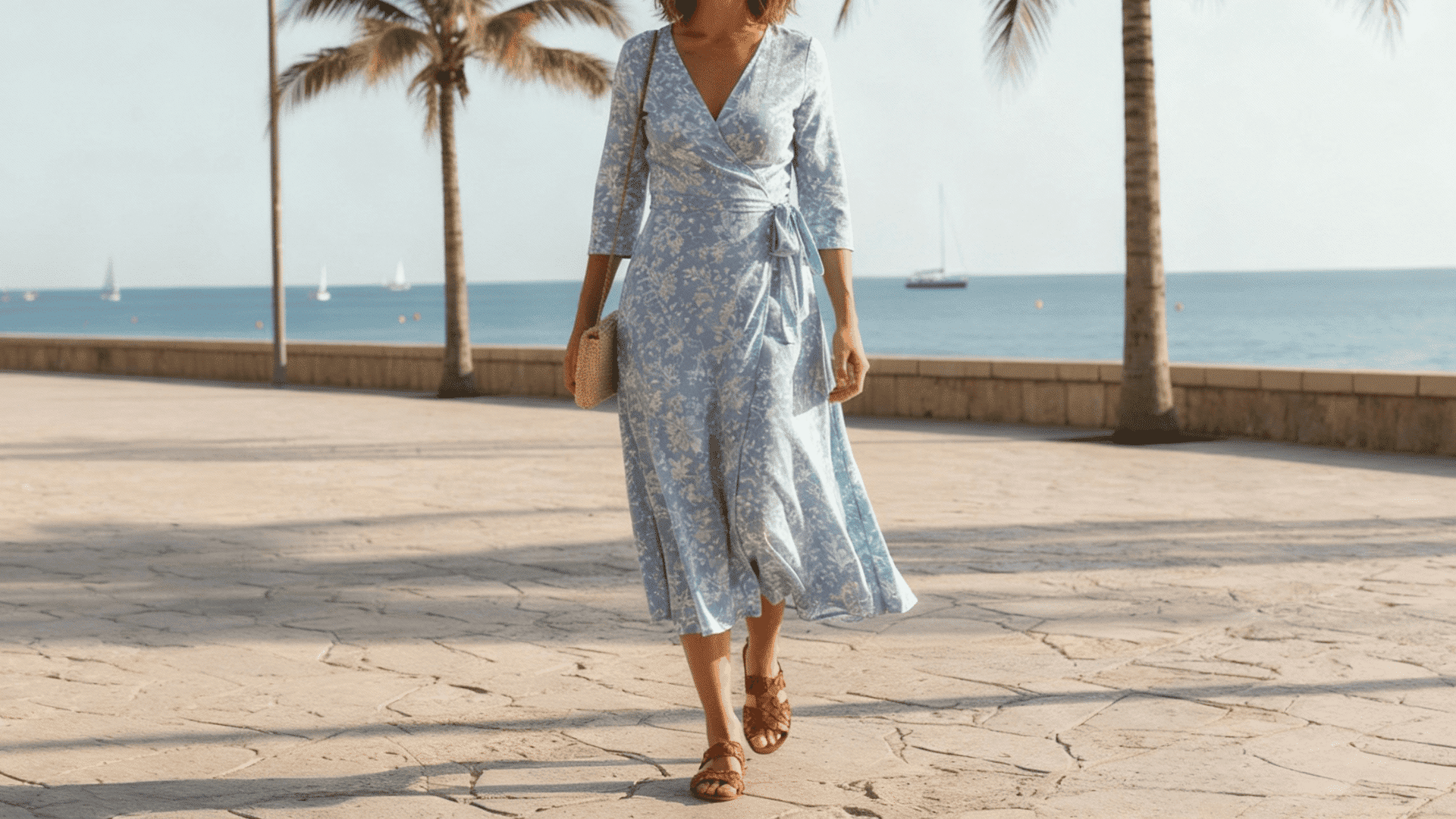 wrap dress with strappy sandals