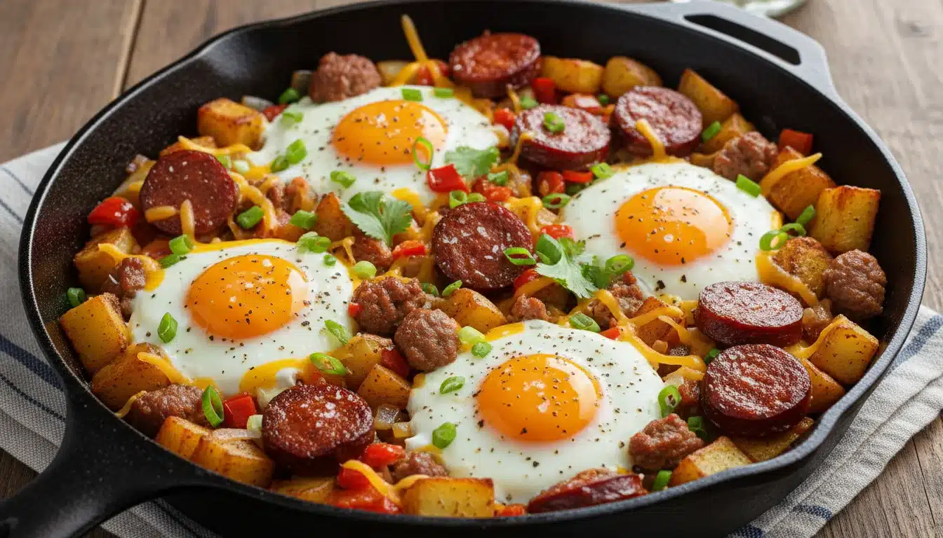 A breakfast skillet filled with four sunny-side-up eggs, diced potatoes, sausage, shredded cheese, and green onions