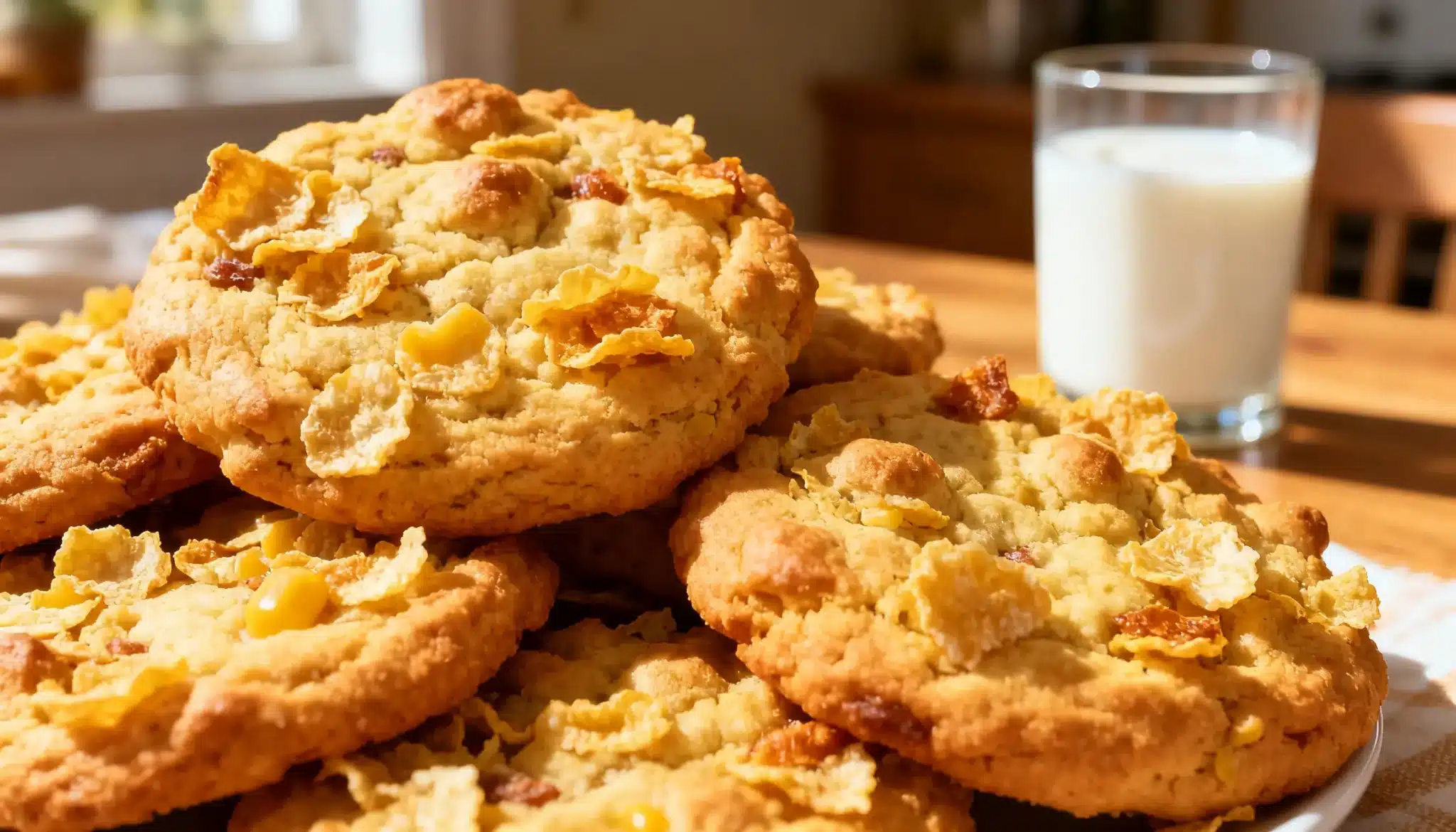 A close-up stack of golden cornflake cookies sits on a wooden surface next to a glass of milk bathed in sunlight.