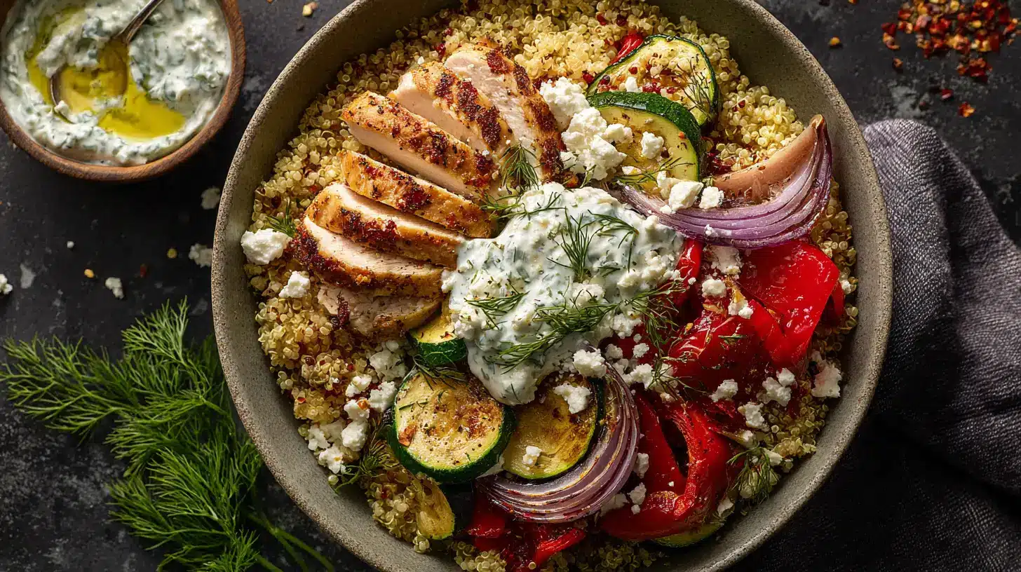 A close-up view of a Greek-style quinoa bowl topped with sliced grilled chicken, tzatziki sauce, roasted red peppers, zucchini, red onion, and crumbled feta cheese