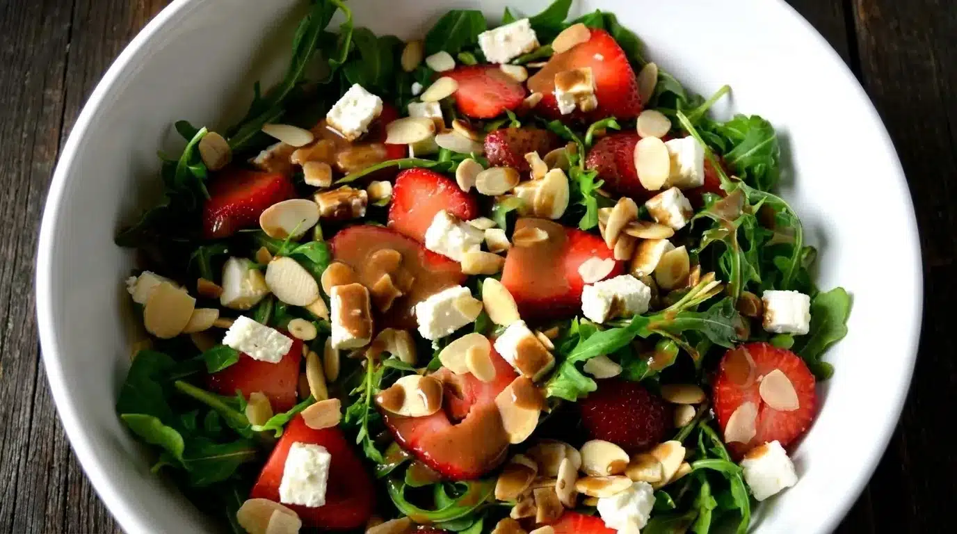 A close-up view of a strawberry and feta cheese salad with sliced almonds and a brown vinaigrette dressing served in a white bowl