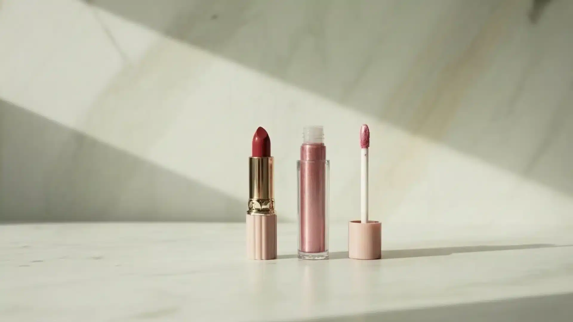 A deep red bullet lipstick and an open tube of shimmery pink lip gloss with its applicator wand placed on a light marble surface under natural light