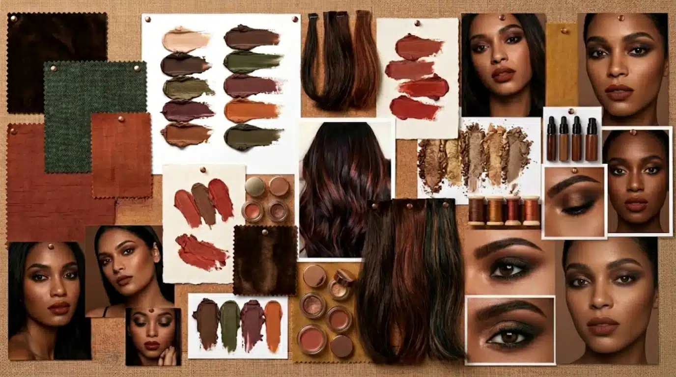 A mood board featuring rich earth tones, swatches of makeup, fabric samples, hair extensions, and portraits of women with deep bronze skin tones