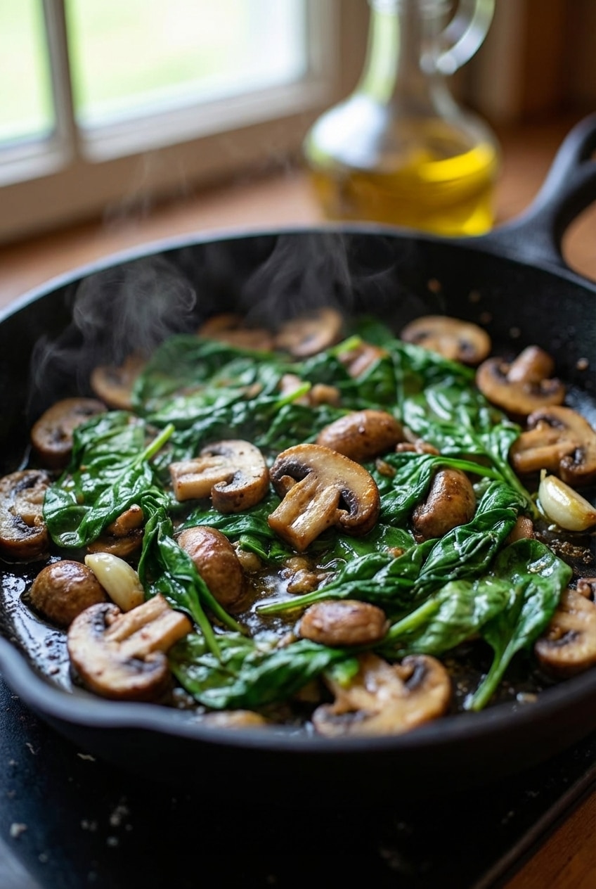 A skillet filled with sautéed spinach and mushrooms