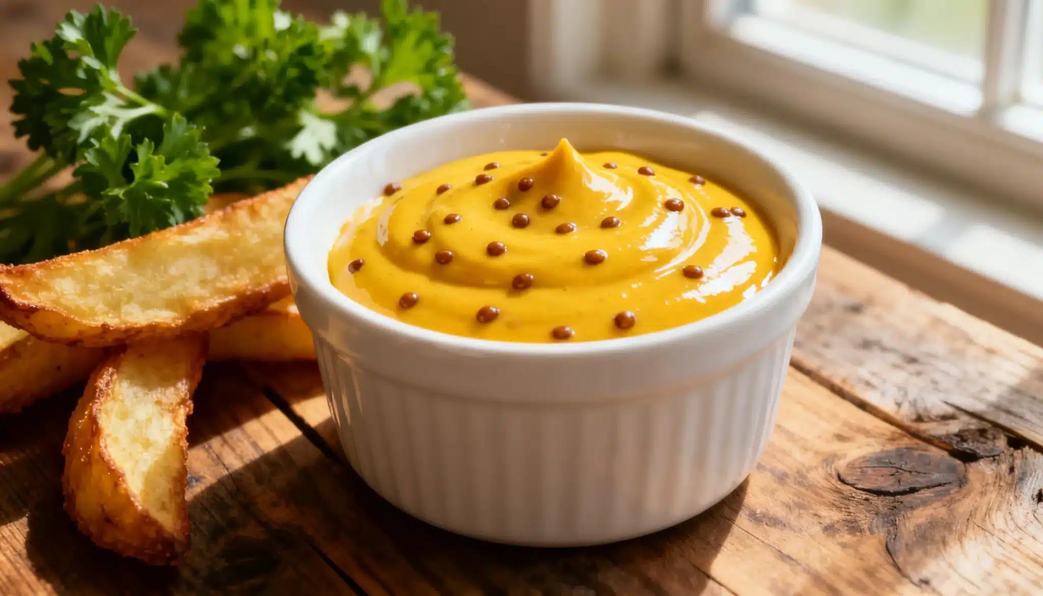 A small white bowl of smooth, yellow whole-grain mustard topped with mustard seeds sits beside golden potato wedges and fresh parsley on a sunlit wooden surface.