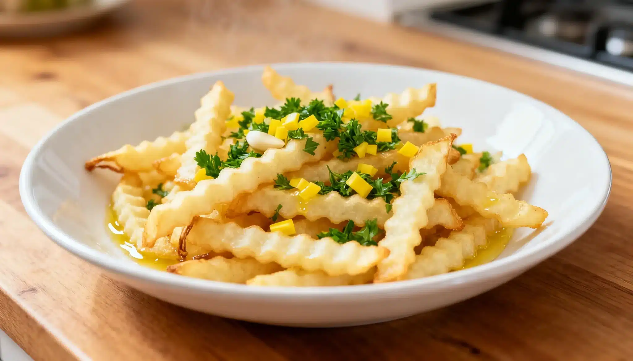 A white bowl filled with crinkle-cut microwave french fries drizzled in oil and topped with chopped parsley and yellow bell peppers rests on a wooden counter.