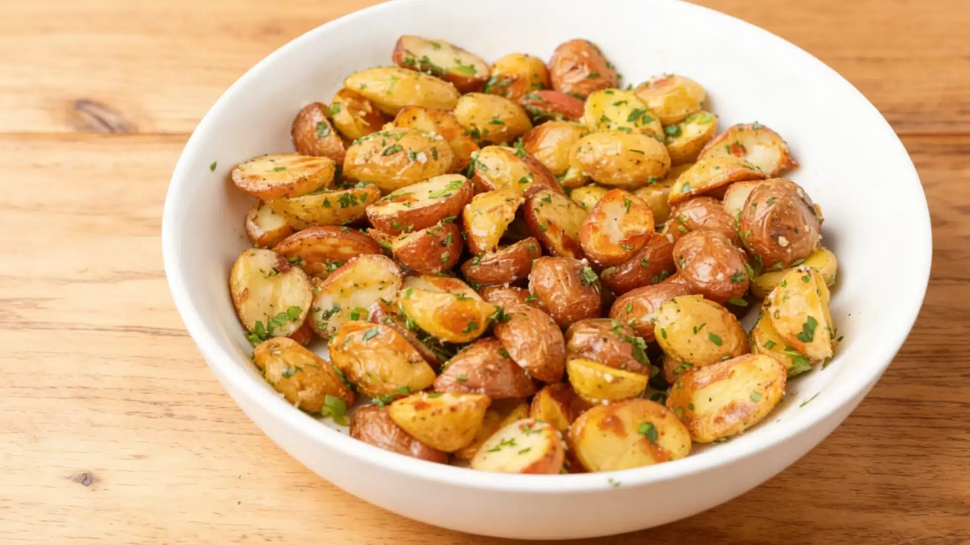 A white bowl filled with roasted baby potatoes seasoned with herbs rests on a wooden surface