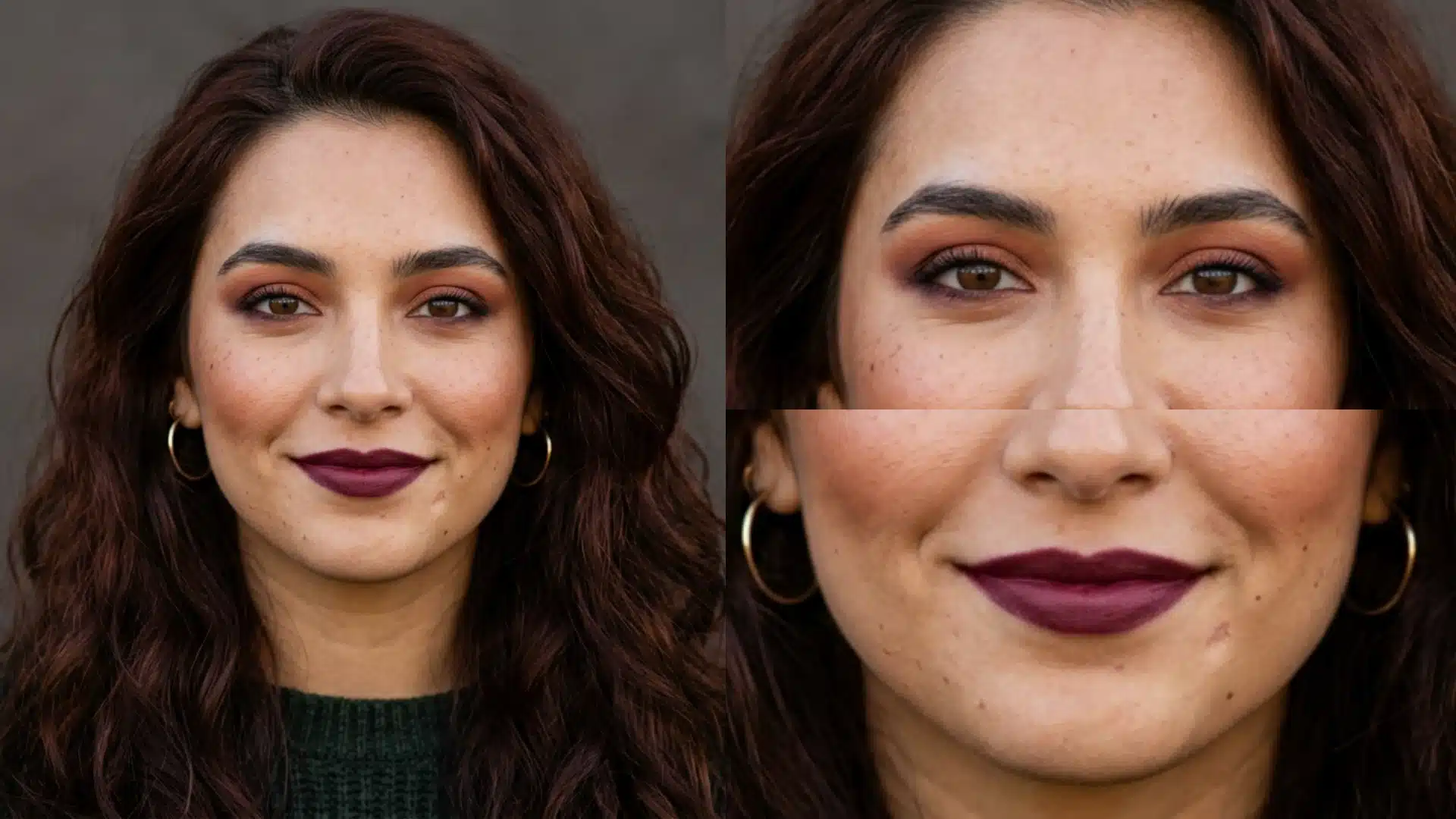 A woman with dark wavy hair, aubergine lipstick, and gold hoop earrings
