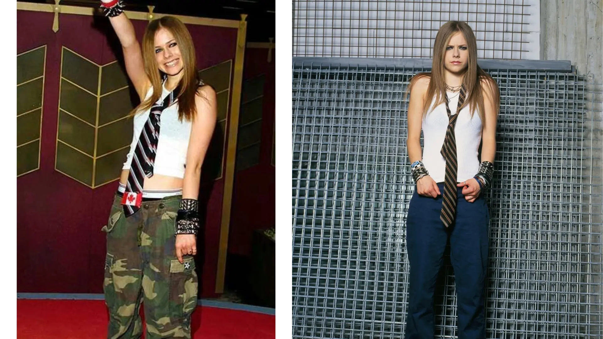 Avril Lavigne wears a white tank top with a striped necktie and camo pants while posing with a rock hand sign at a show
