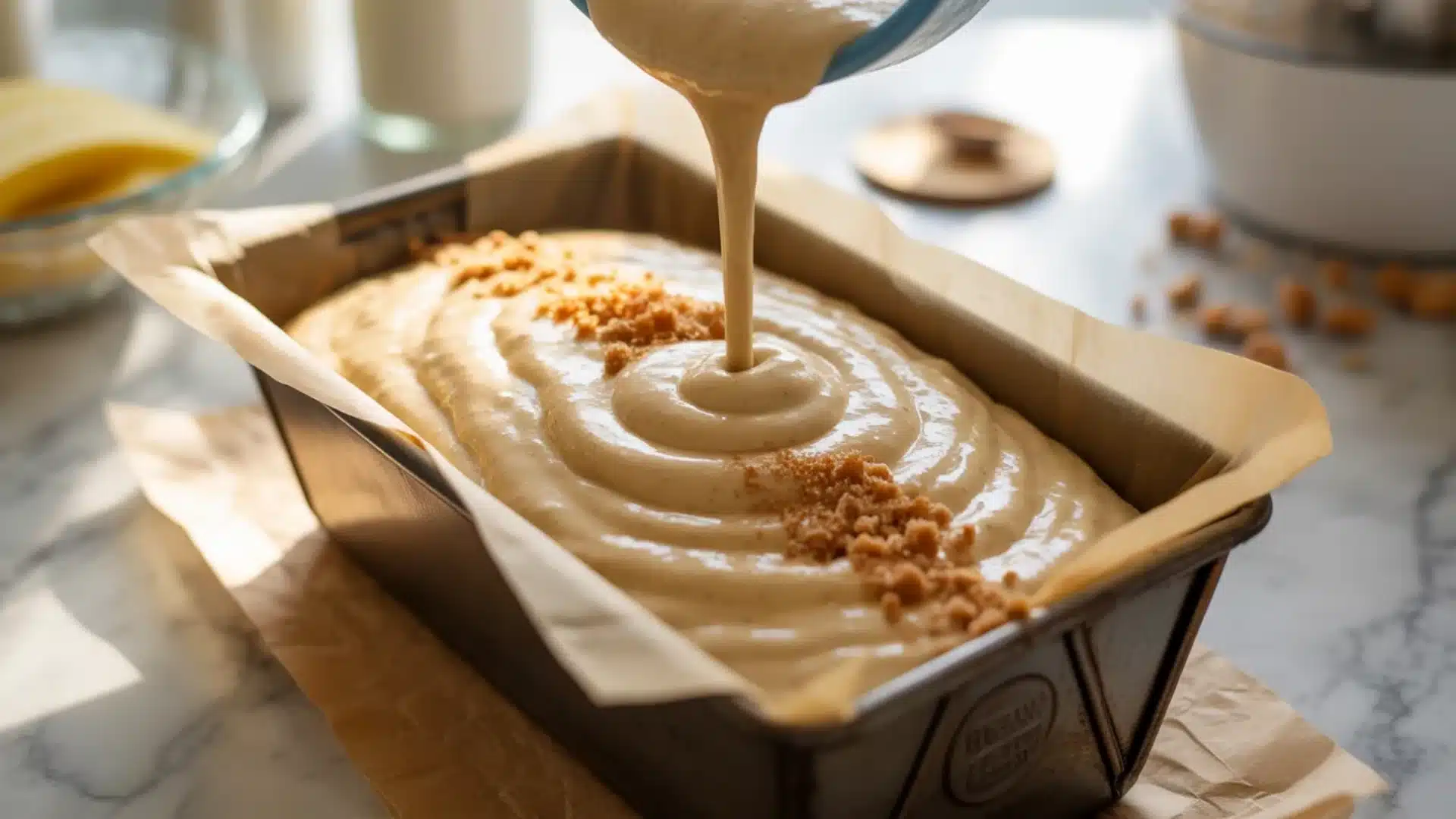 Banana bread batter being poured into lined loaf pan with brown sugar topping ready to bake