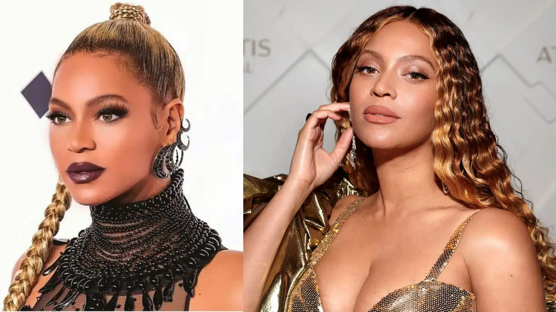 Beyoncé on the left with a high braided bun and dark jewelry, and on the right with long wavy hair and a gold sequined outfit