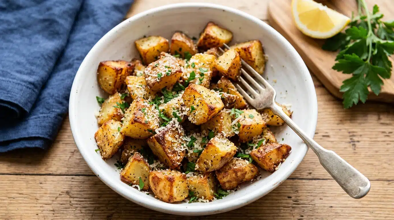 Bowl of crispy roasted potatoes topped with grated cheese and parsley, served with a fork on a wooden table next to a lemon wedge