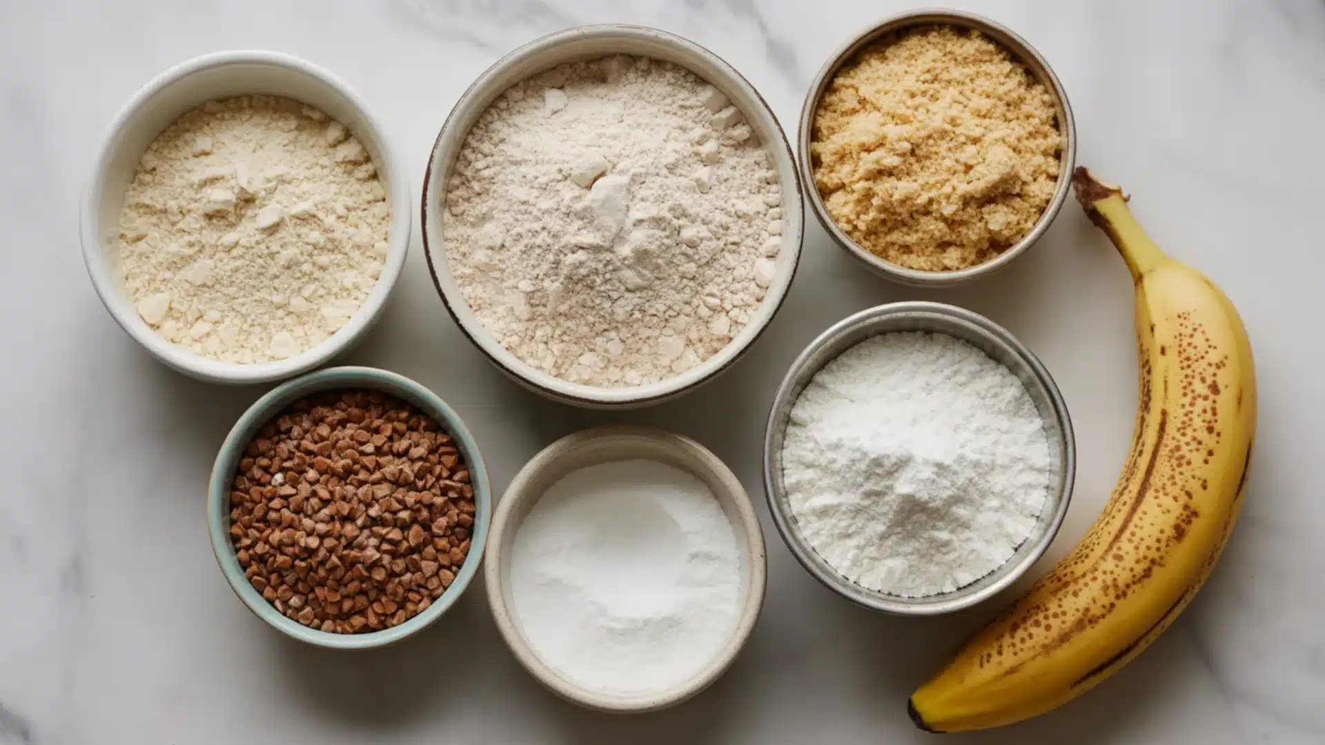 Bowls of different flours with banana and grains arranged neatly on a light marble surface