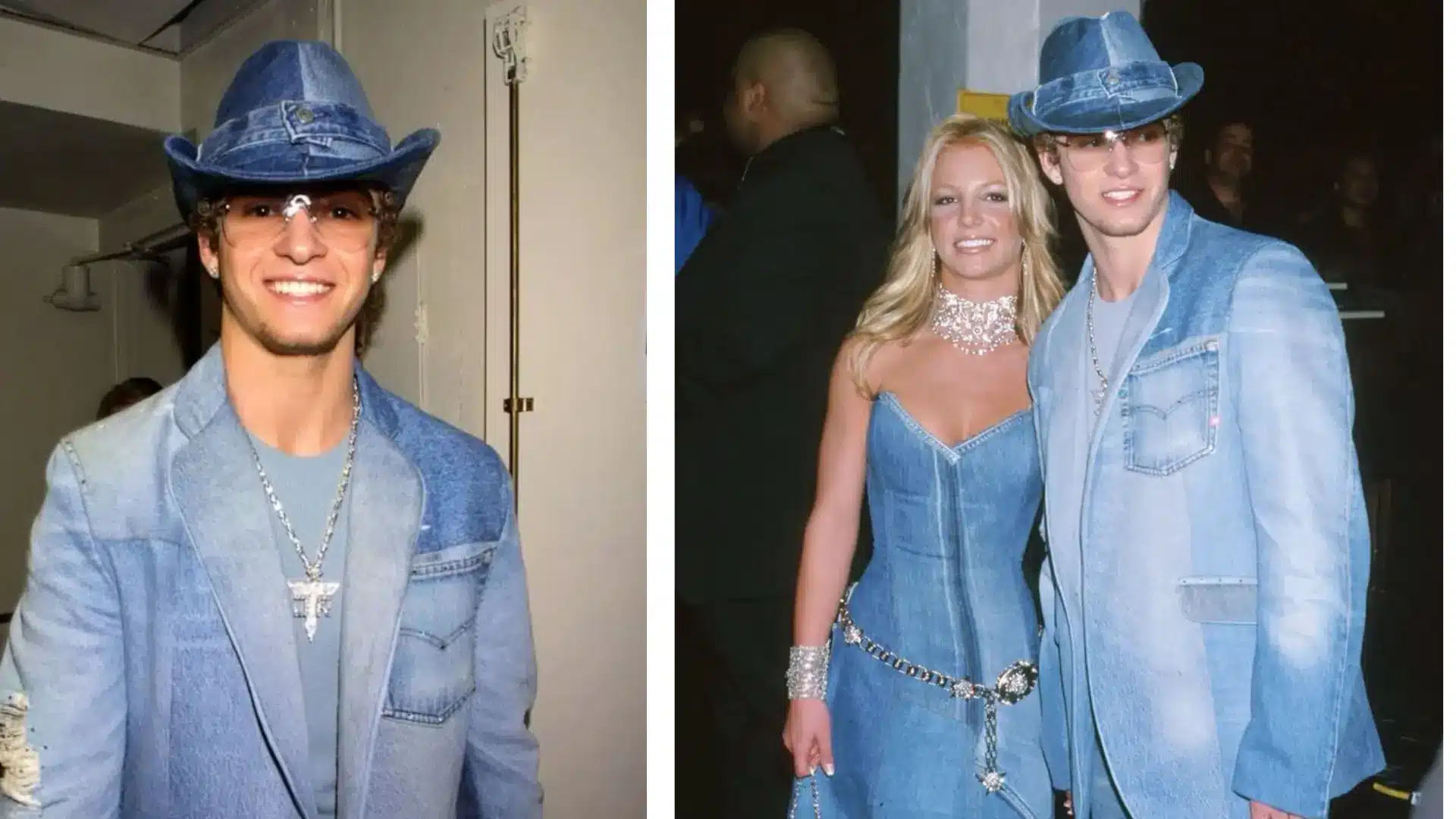 Britney Spears and Justin Timberlake wear matching denim outfits on a red carpet while posing together at a music event