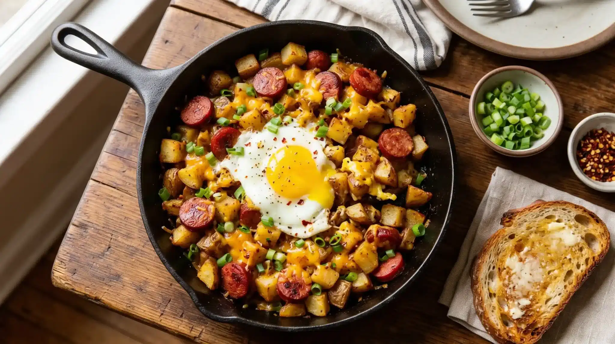Cast iron skillet hash with potatoes, sausage, melted cheese, and a sunny-side-up egg, served next to toast and garnishes on a rustic wooden table