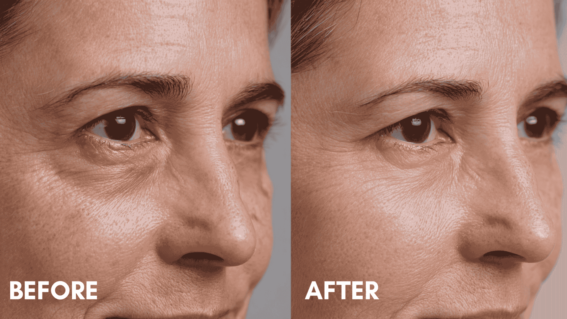 Close up of aged skin with crows feet for prp under eyes before and after showing smoother texture and reduced fine lines.