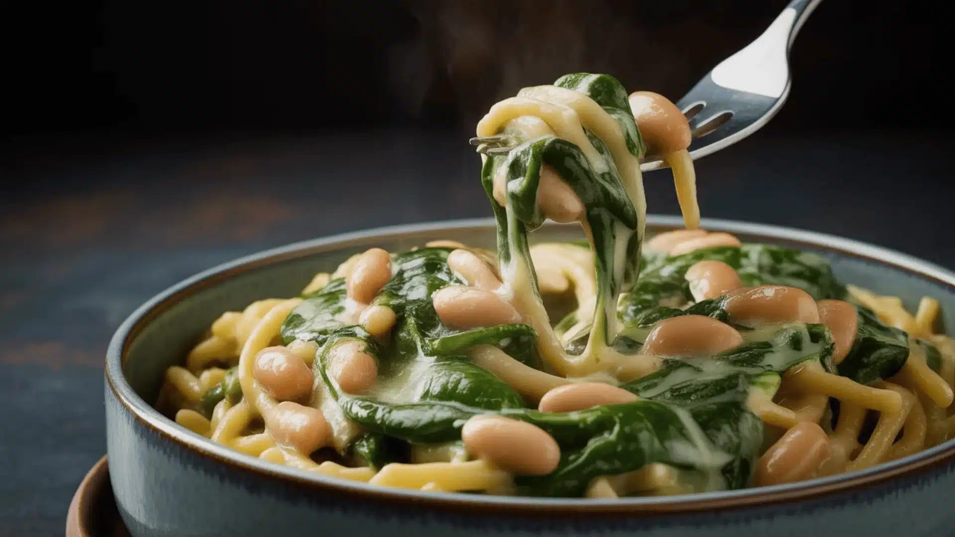 Close-up of creamy spinach and white bean pasta with fork lifting cheesy bite, steam rising warmly