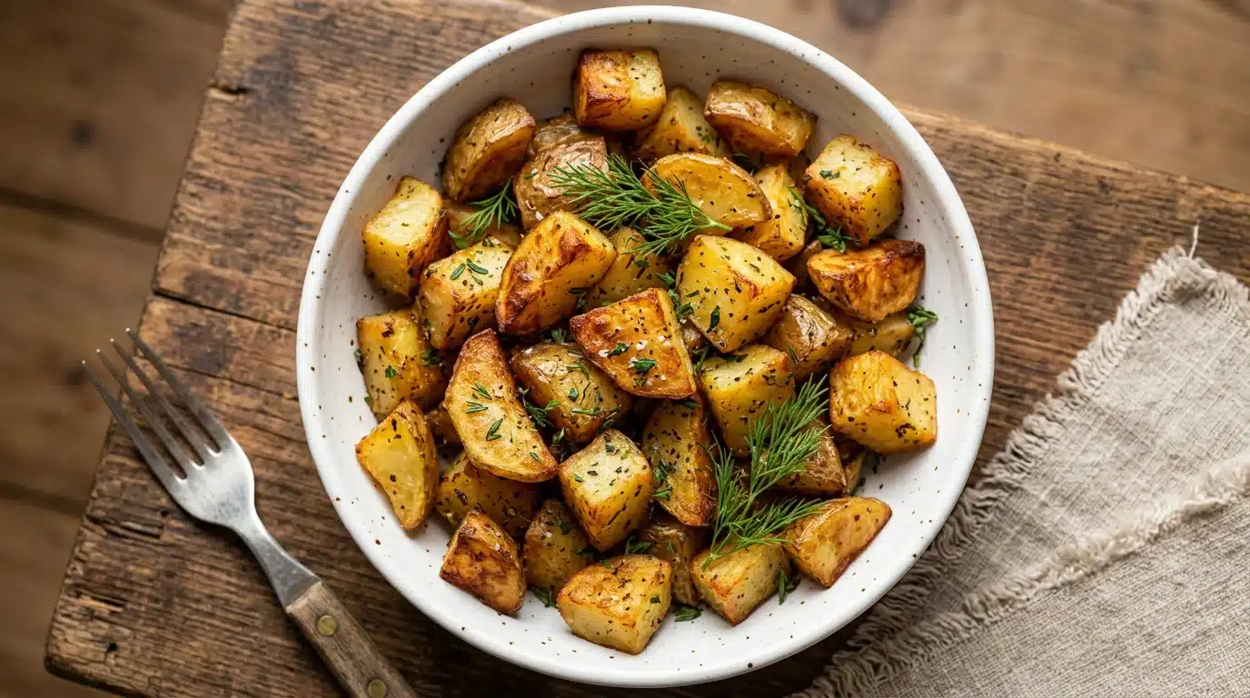 Close-up overhead view of a white bowl filled with seasoned roasted potatoes garnished with fresh dill, set on a rustic wooden table next to a vintage fork