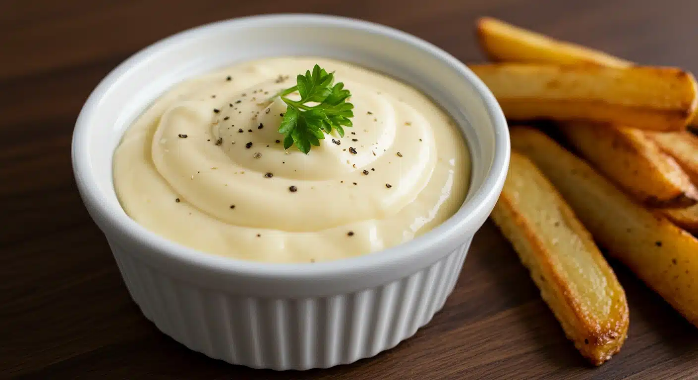 Creamy homemade mayonnaise seasoned with black pepper and garnished with parsley, served alongside thick-cut golden french fries on a dark wooden surface.