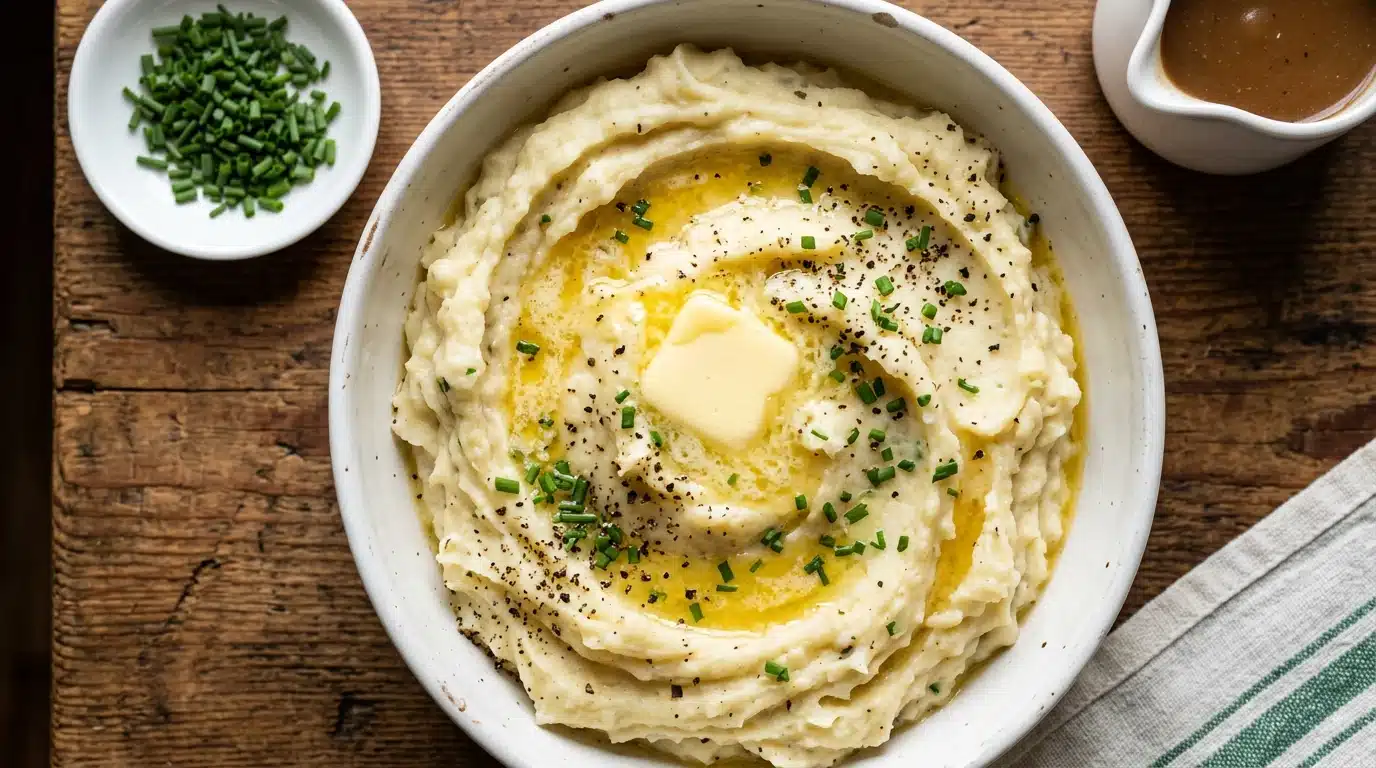 Creamy mashed potatoes topped with melting butter, cracked black pepper, and fresh chives in a white bowl on a rustic wooden table