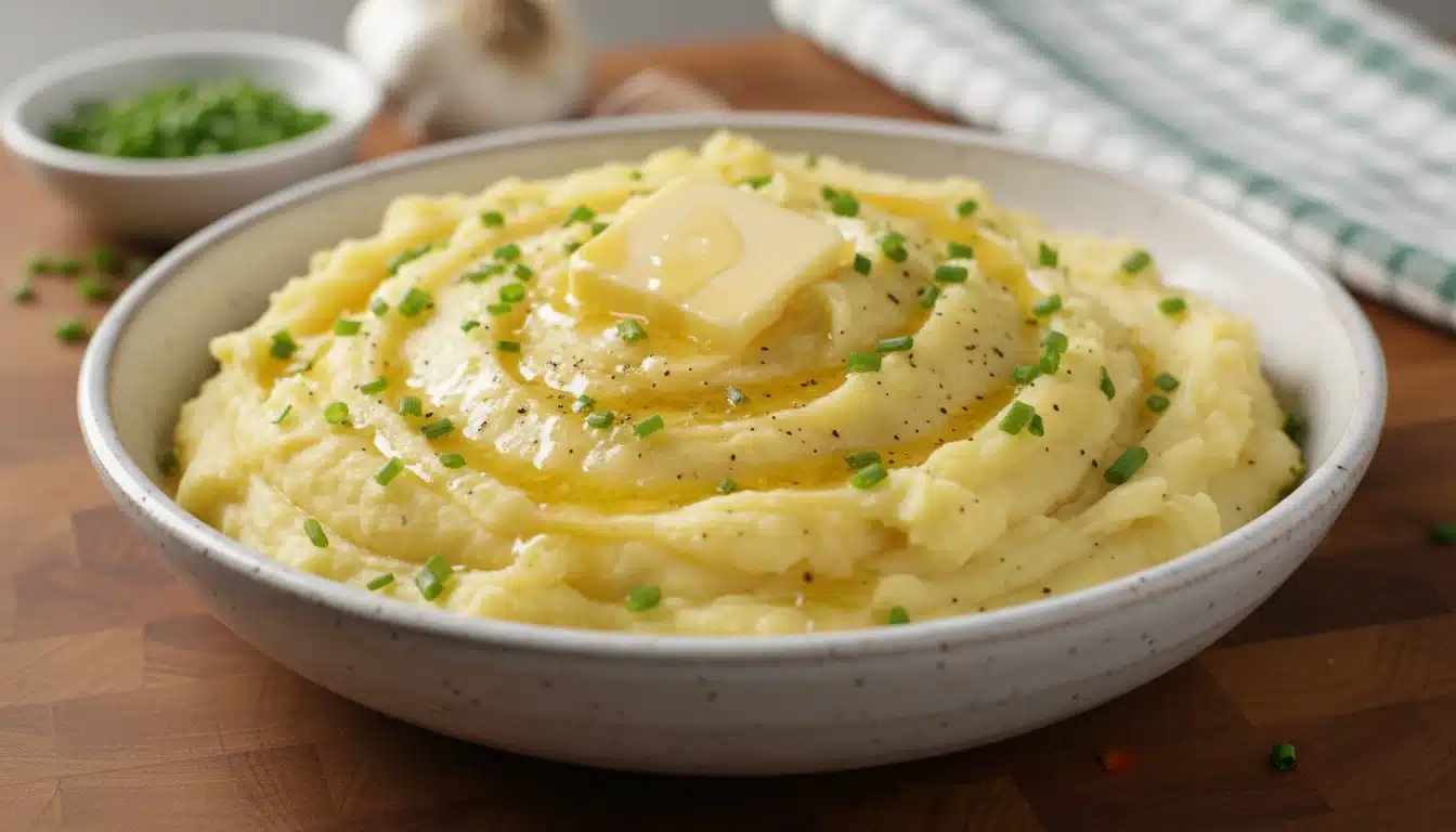 Creamy mashed potatoes with a melting pat of butter, black pepper, and fresh chives in a white bowl on a wooden surface