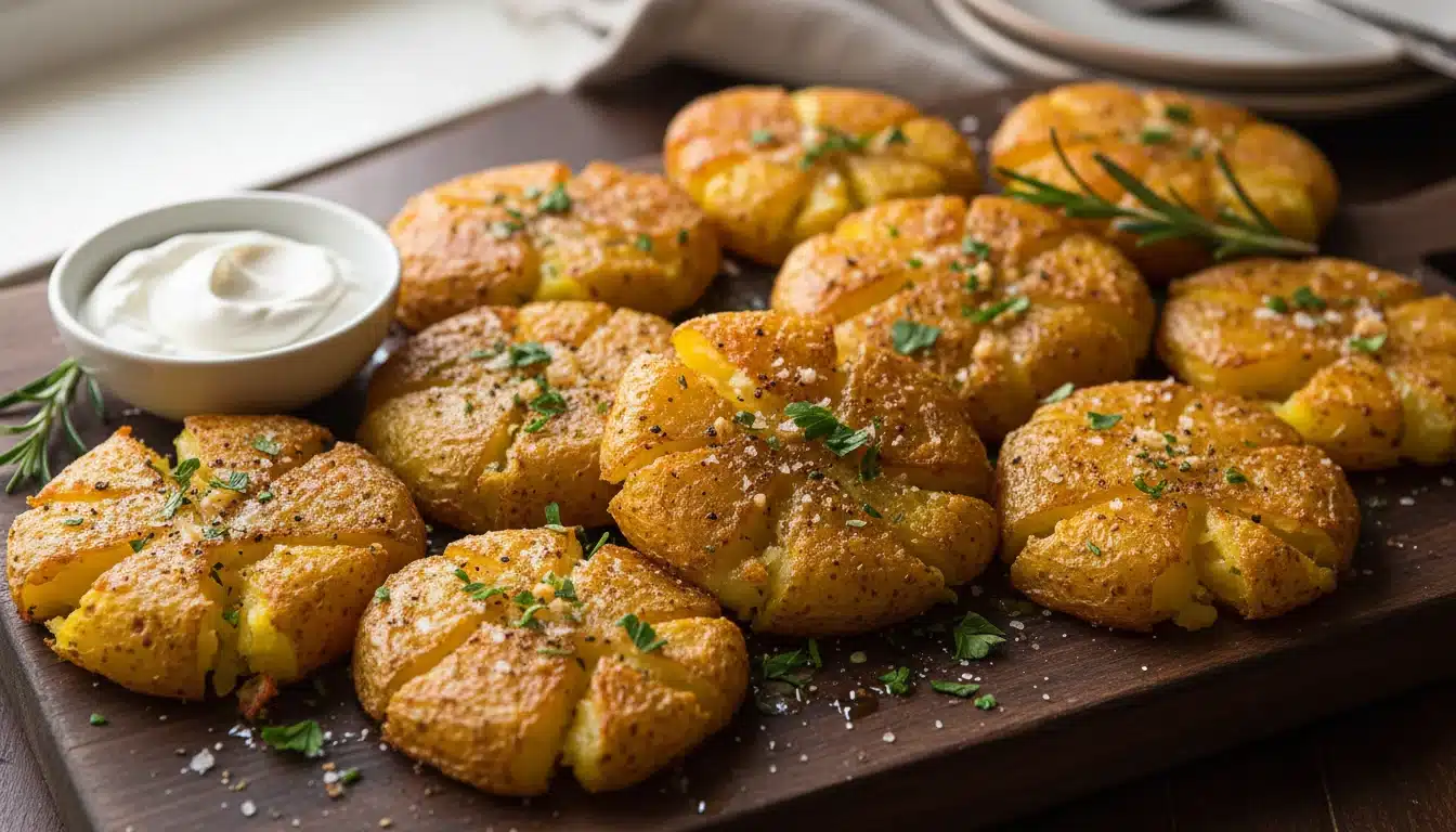 Crispy golden smashed potatoes seasoned with herbs and salt served on a dark wooden board next to a small bowl of sour cream
