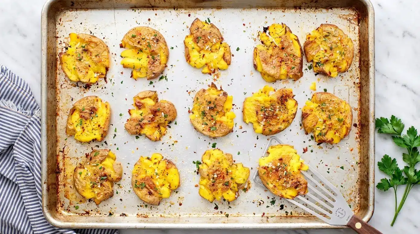 Crispy smashed potatoes topped with cheese and herbs served next to a bowl of orange dipping sauce on parchment paper