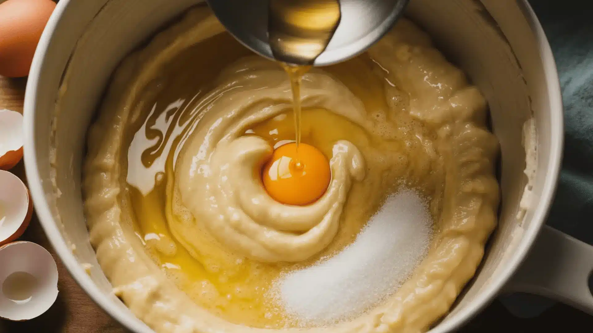 Egg and melted butter being added to mashed bananas with sugar in a mixing bowl close-up