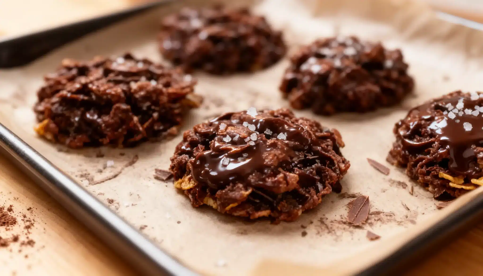 Five chocolate cornflake clusters drizzled with melted chocolate and sprinkled with sea salt resting on parchment paper on a baking sheet.