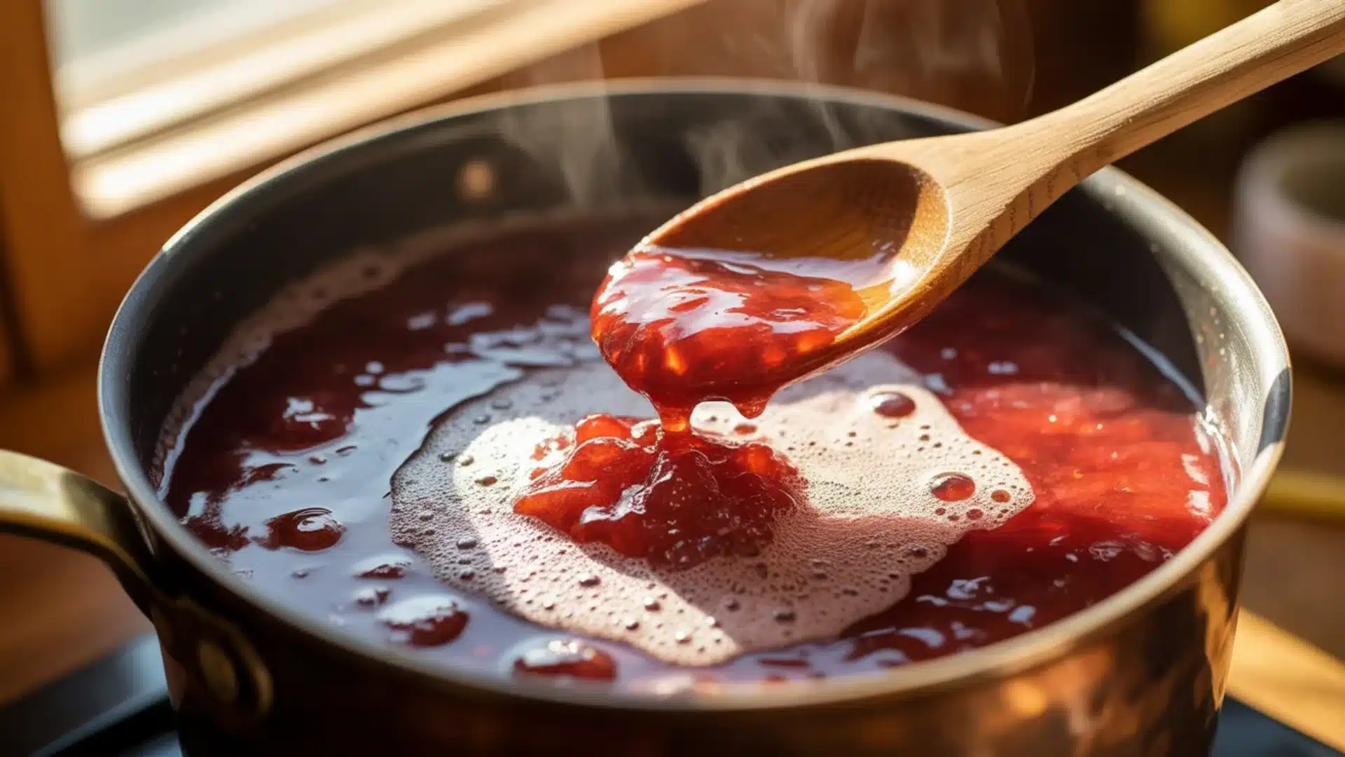Foam being removed from simmering strawberry jam using spoon