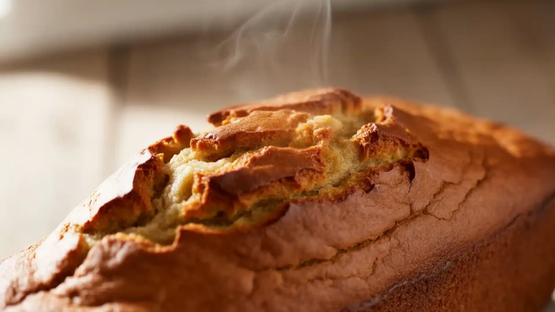 Freshly baked banana bread with cracked golden crust and steam rising from the top
