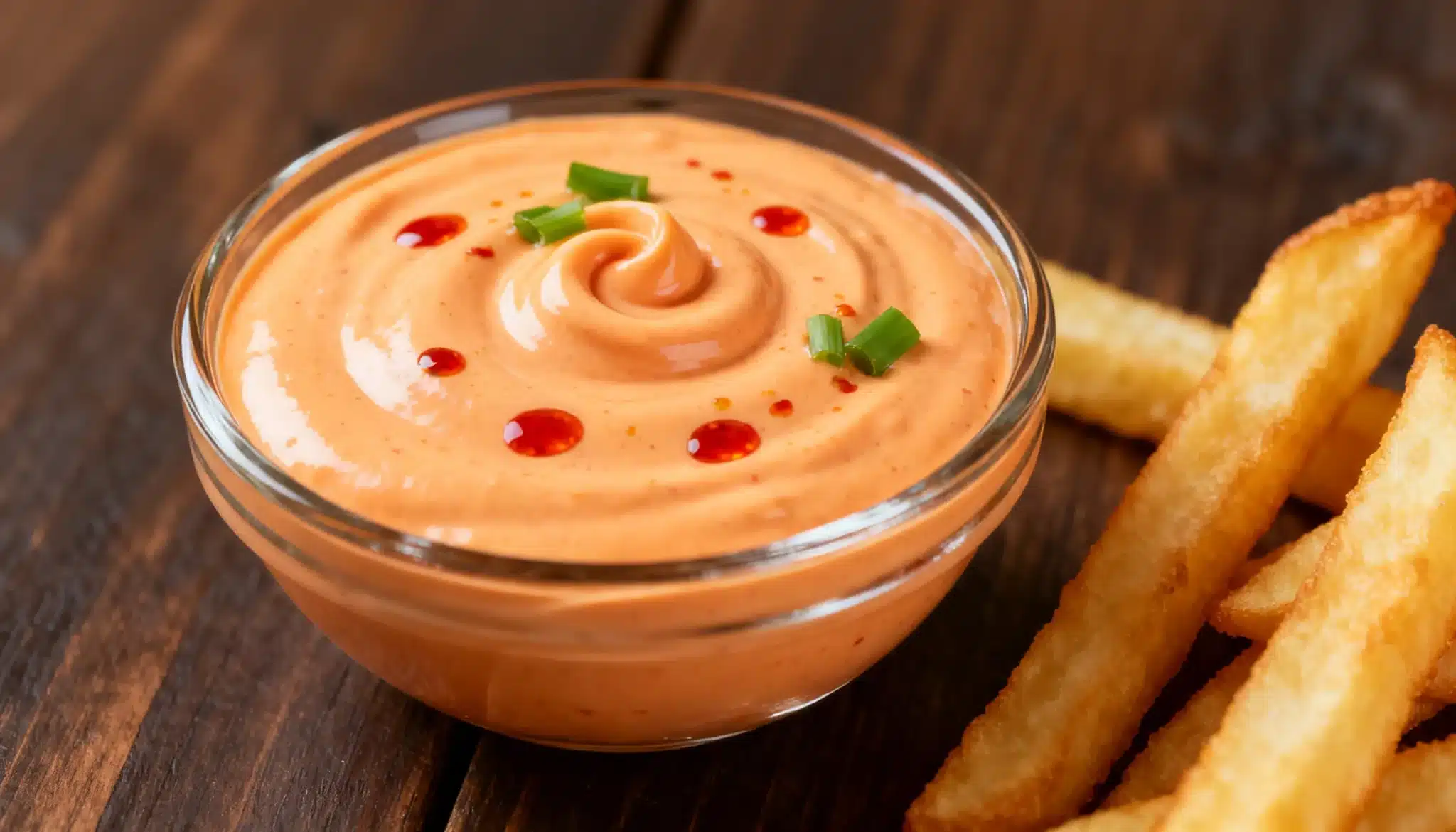 Glass bowl of creamy orange dipping sauce garnished with green onion and chili oil drops next to golden french fries on a dark wooden surface.