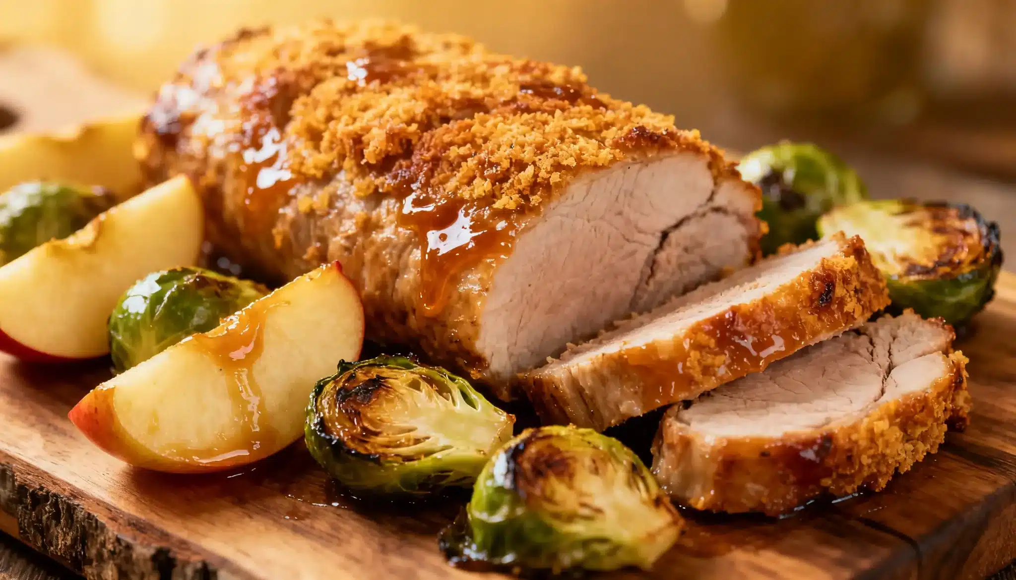 Glazed, crusted pork tenderloin, sliced and served with roasted Brussels sprouts and apple wedges on a wooden cutting board