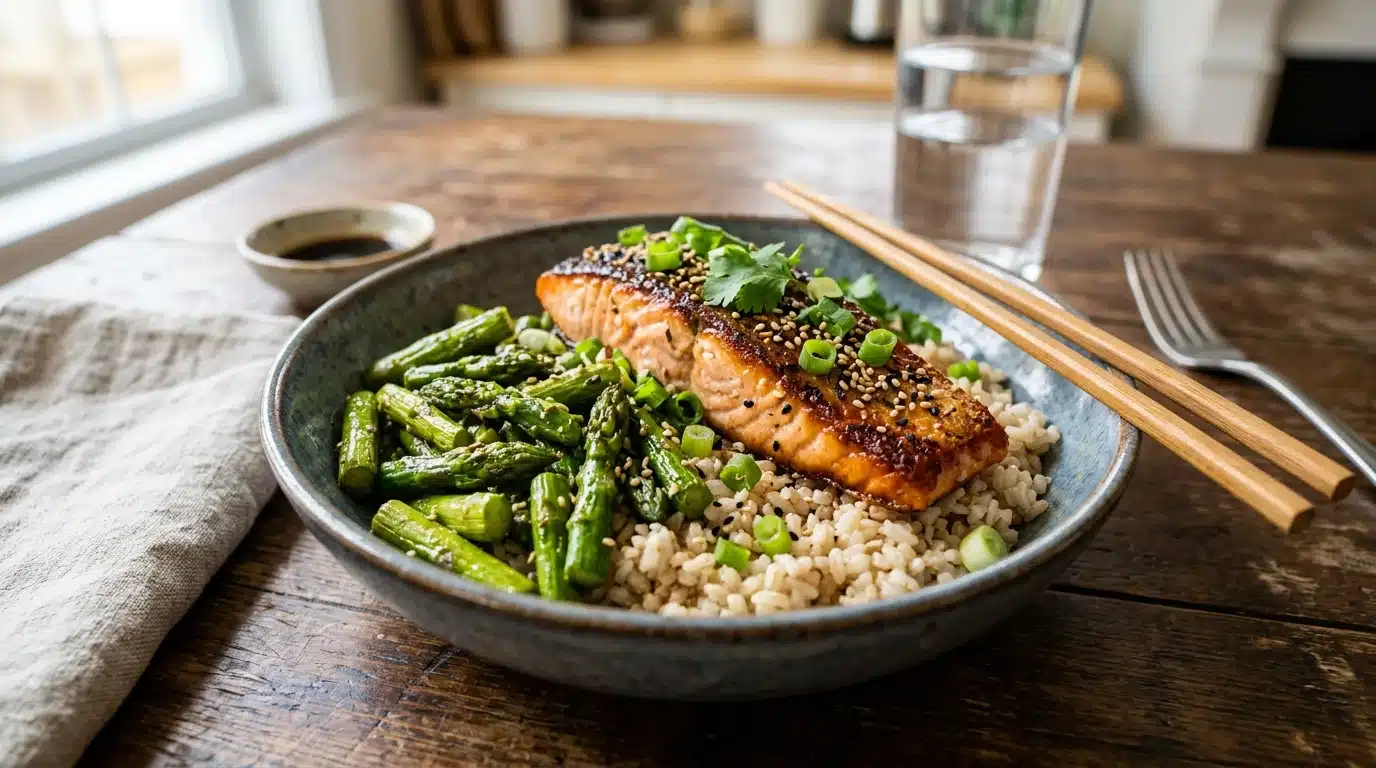 Glazed sesame salmon served over brown rice and asparagus in a blue bowl with chopsticks on a rustic wooden table