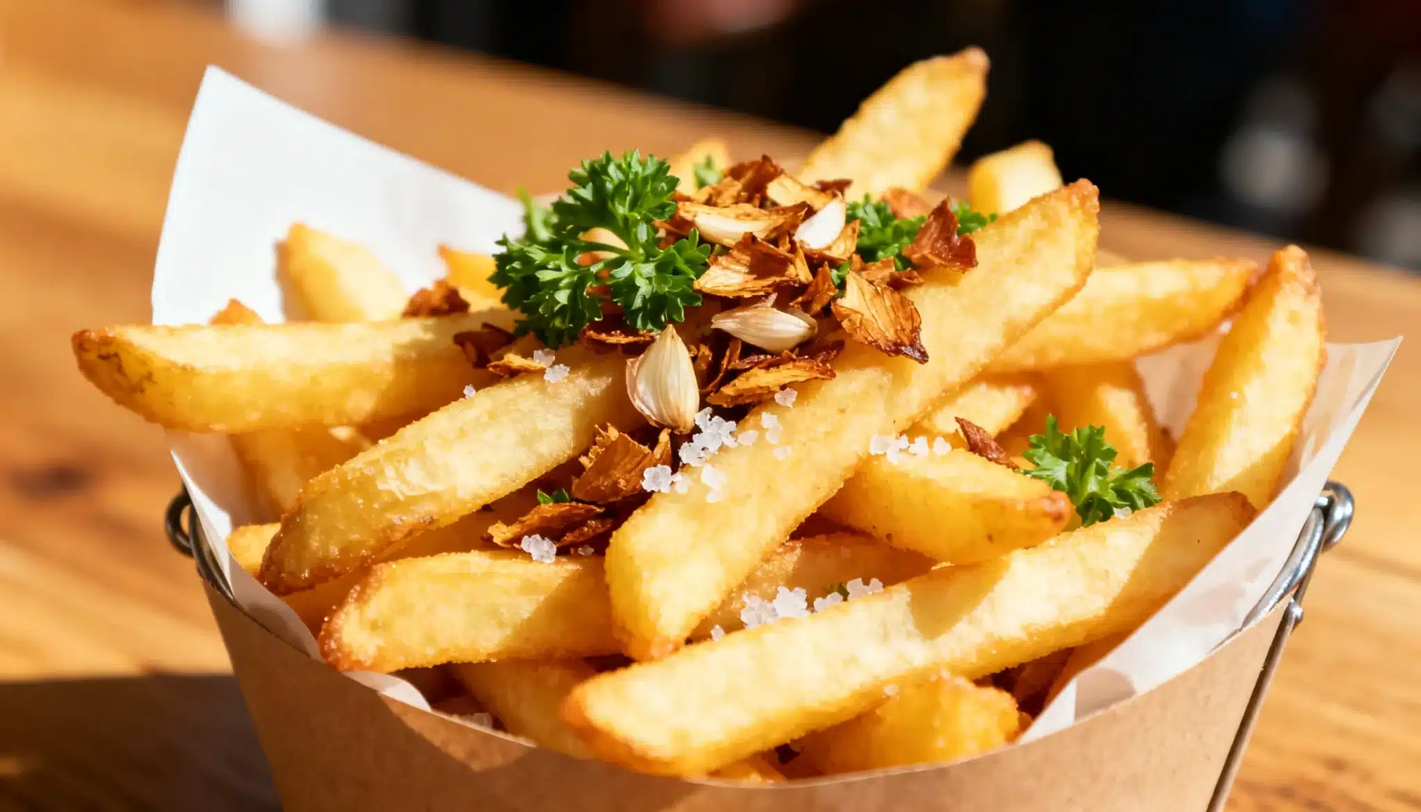 Golden french fries served in a paper cone, topped with fried garlic chips, coarse salt, and fresh parsley.