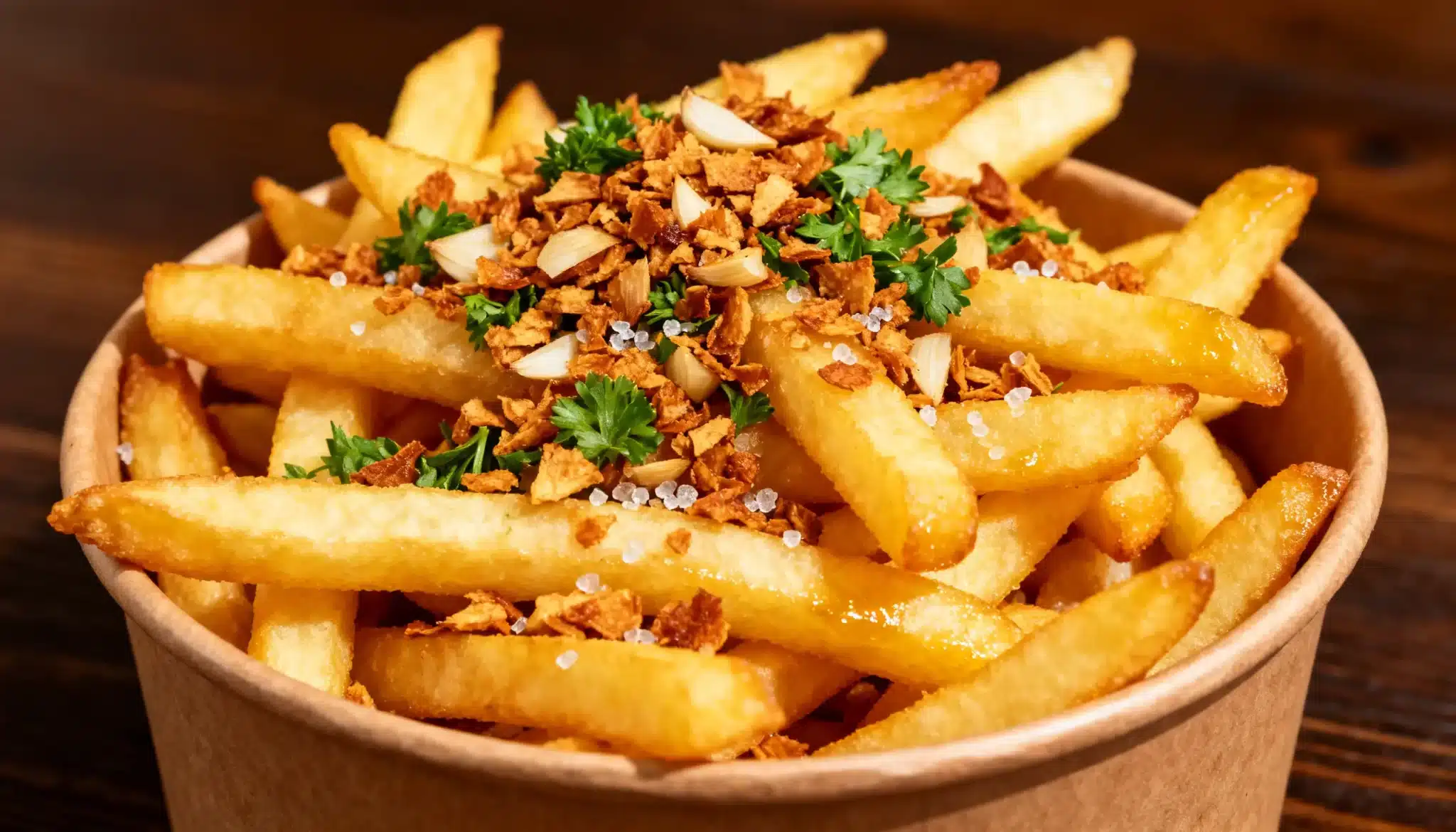 Golden fried french fries topped with crispy fried garlic, sea salt flakes, and fresh parsley served in a brown paper bowl.