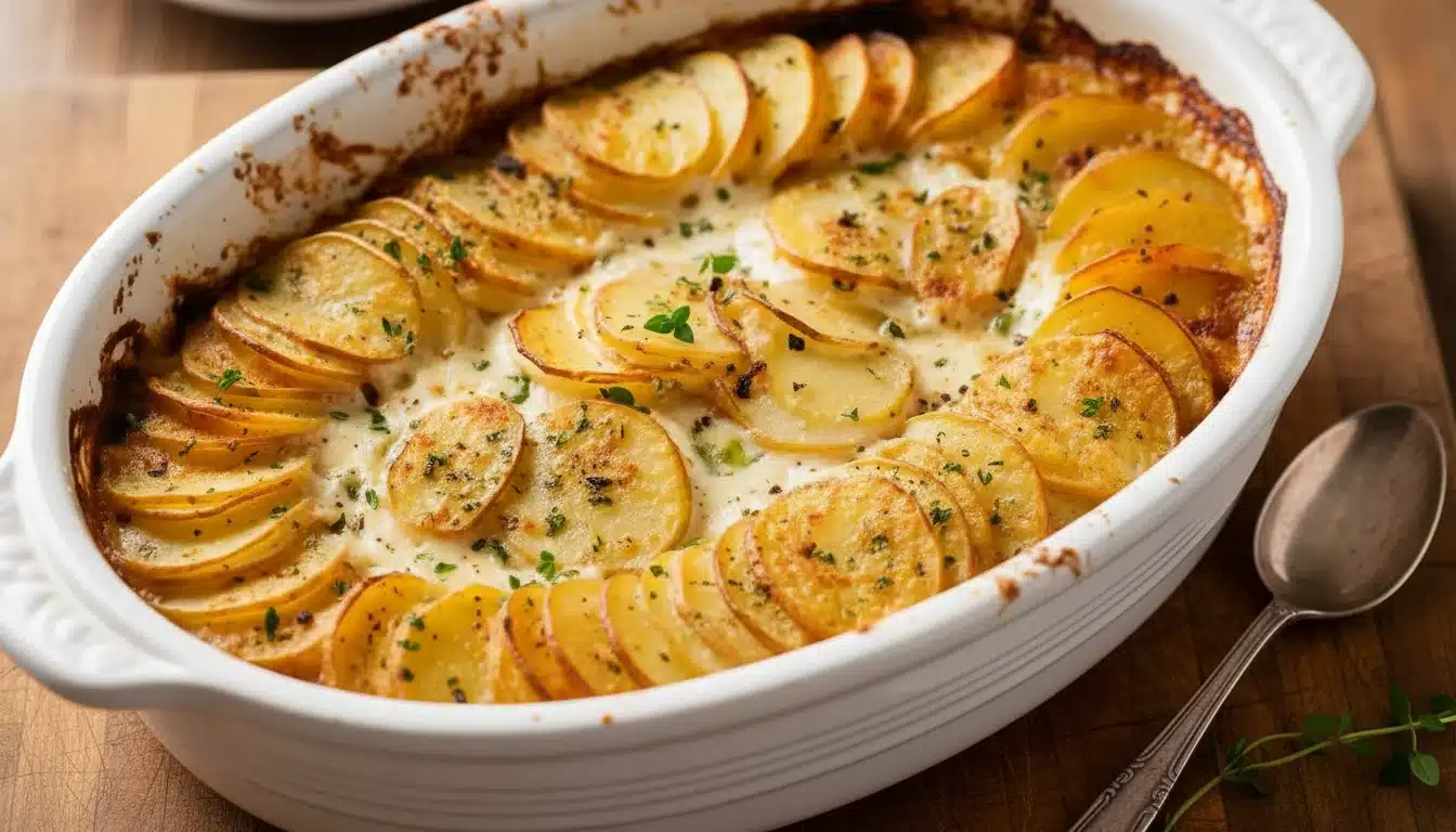 Gratin featuring thinly sliced, golden-brown potatoes baked in a creamy sauce within a white oval baking dish